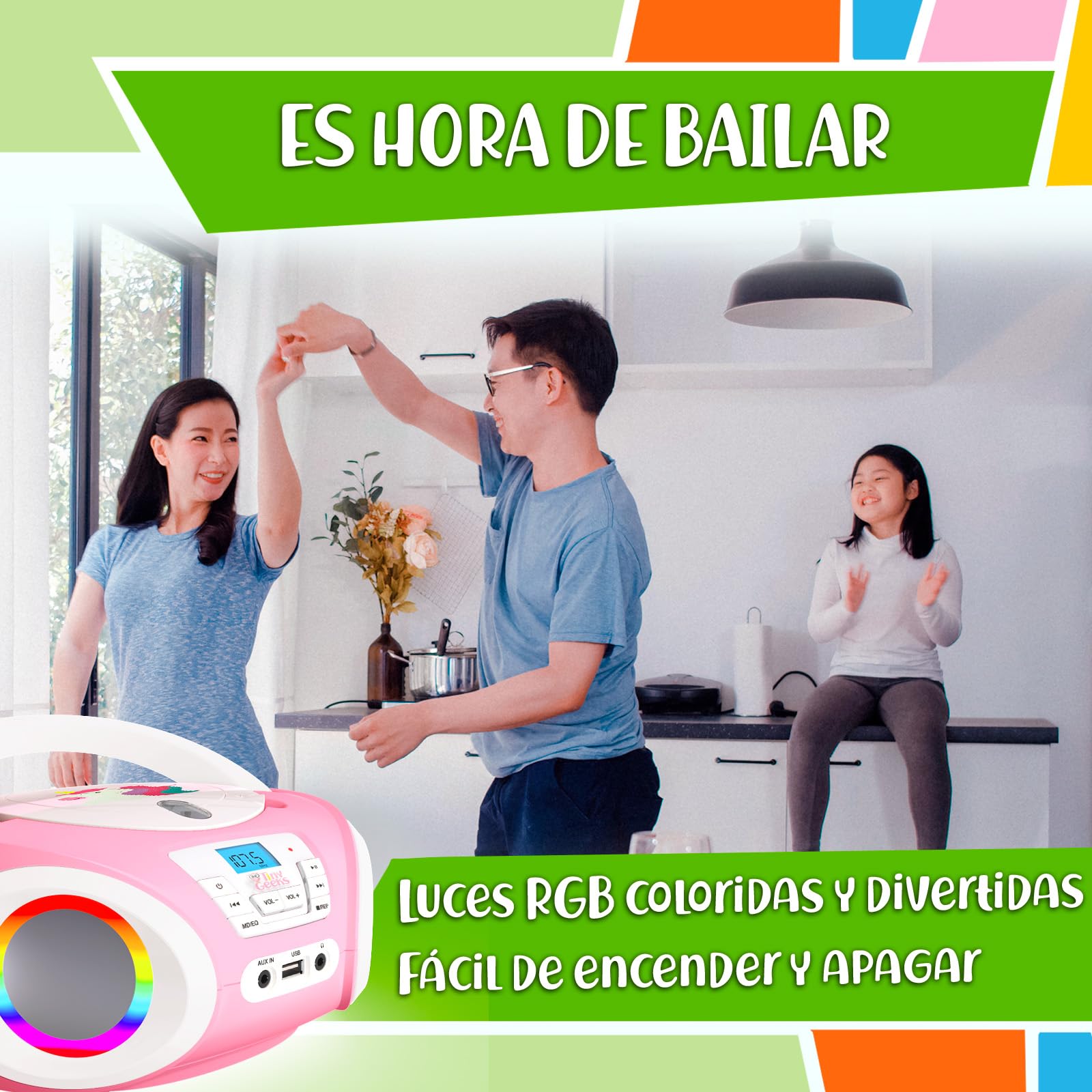 Tinygeeks Tunes Reproductor de CD para niños - Nuevo - Radio FM y baterías Incluidas - Radio CD con Altavoces, USB, AUX - El Regalo Ideal para niños y niñas - Rosa