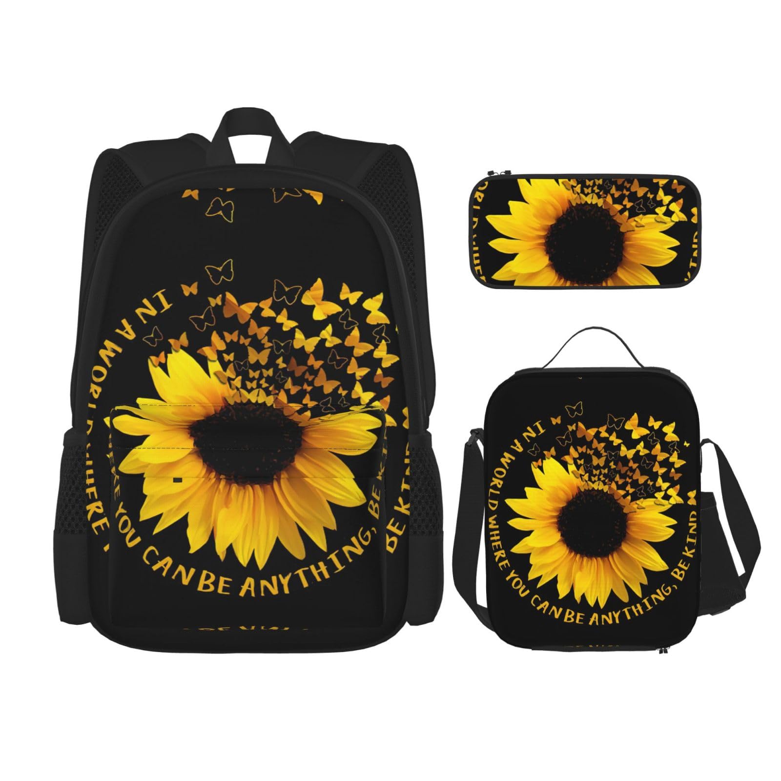 Juego de 3 mochilas escolares con estampado de mariposas y girasoles, mochila para laptop resistente al agua de gran capacidad con bolsa de almuerzo aislada y estuche para lápices para