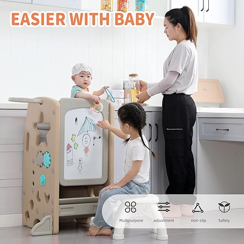 Miniatura 2 de UNICOO Taburete multifuncional para niños con doble riel de seguridad, altura ajustable, torre para niños pequeños para encimera de cocina y baño