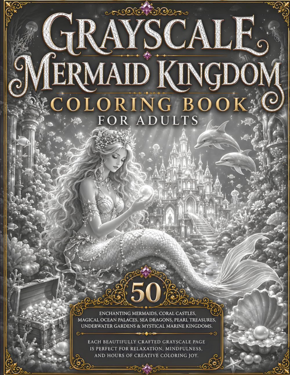 Grayscale Mermaid Kingdom Coloring Book for Adults: 50 Enchanting Grayscale Coloring Pages of Magical Mermaids, Coral Castles & Underwater Kingdoms (BrightNova Grayscale Coloring Books)
