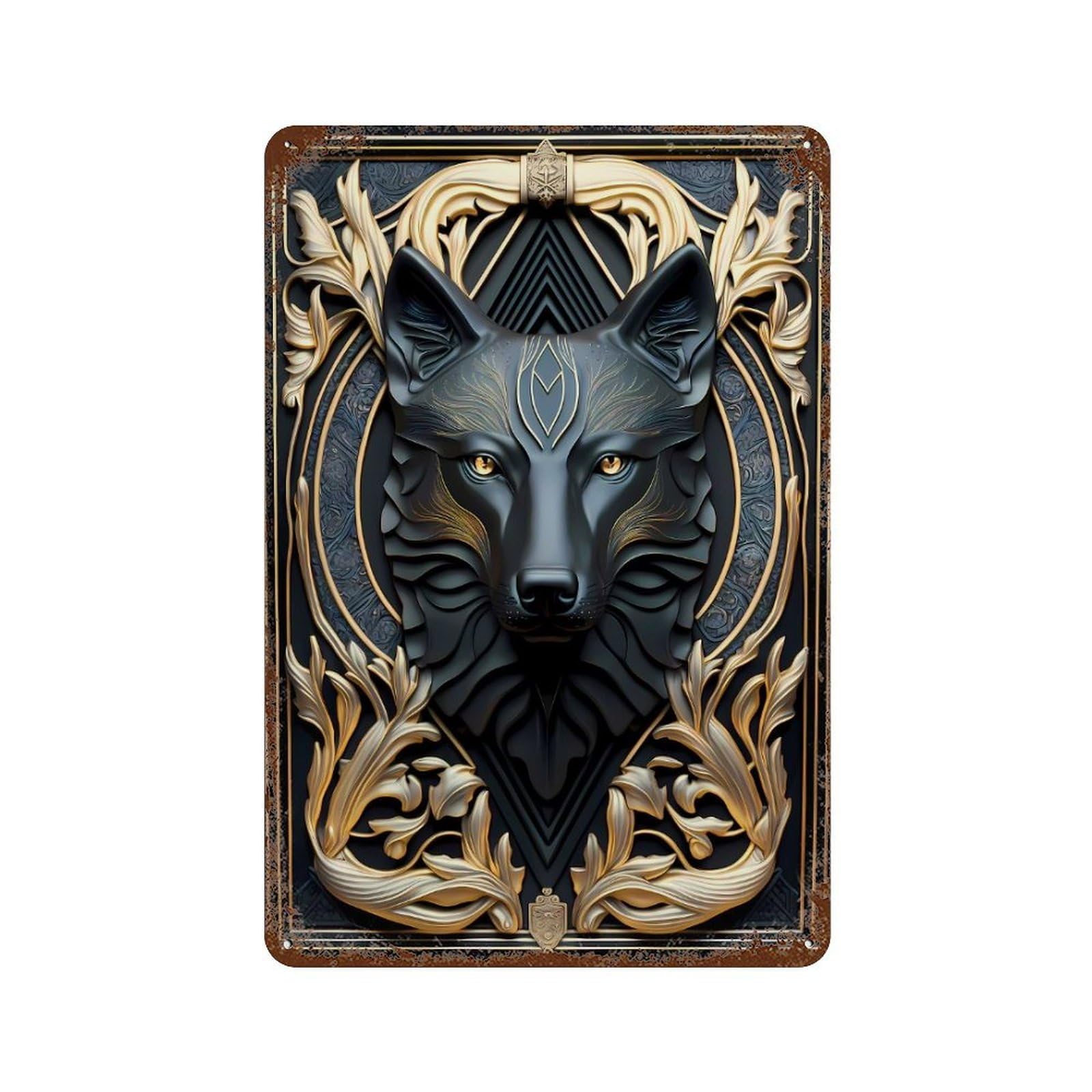 Rust Effect Elegant Black Golden Wolf Rusty Metal Tin Sign 11.8"x7.9", Industrial Home Decor for Living Room, Hallway And Home Decor