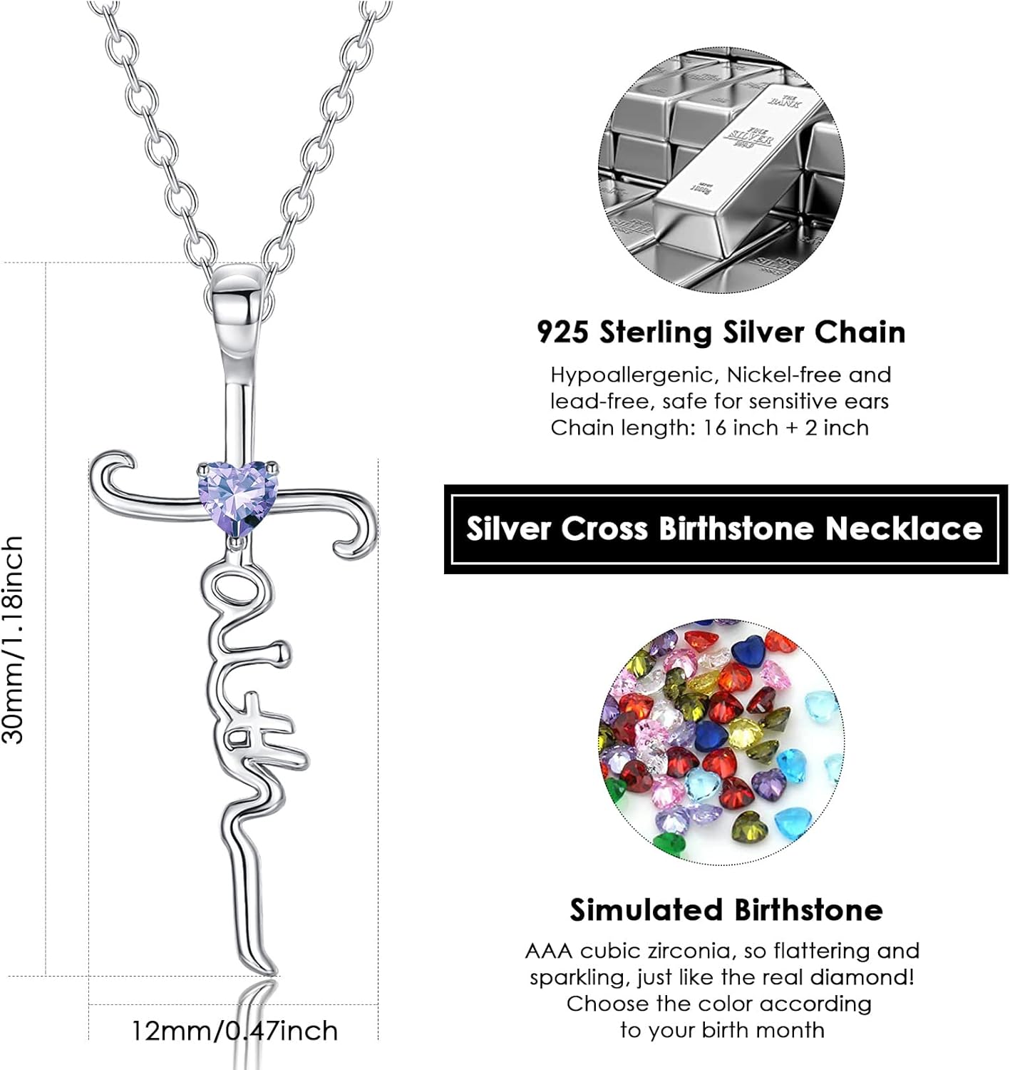 Silver Cross Necklace for Women, Sterling Silver Chain Birthstone Faith Cross Pendant Necklaces Christmas Christian Religious Birthday Gifts for Her, with Gifts Box - Image 5