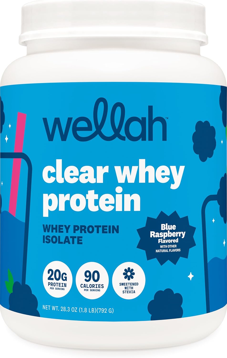 Wellah Clear Whey Protein Isolate Powder (Blue Raspberry) 30 Servings - 20g of Protein, 90 Calories, Sweetened with Stevia