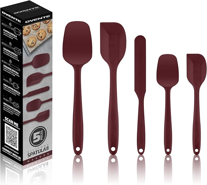 OVENTE Set of 5 Silicone Spatula , Food Grade Rubber Spatulas Heat Resistant w/ Stainless Steel Core & Seamless Design, Non Stick Rubber Spatula for Mixing, Baking & Cooking Red SP12305R
