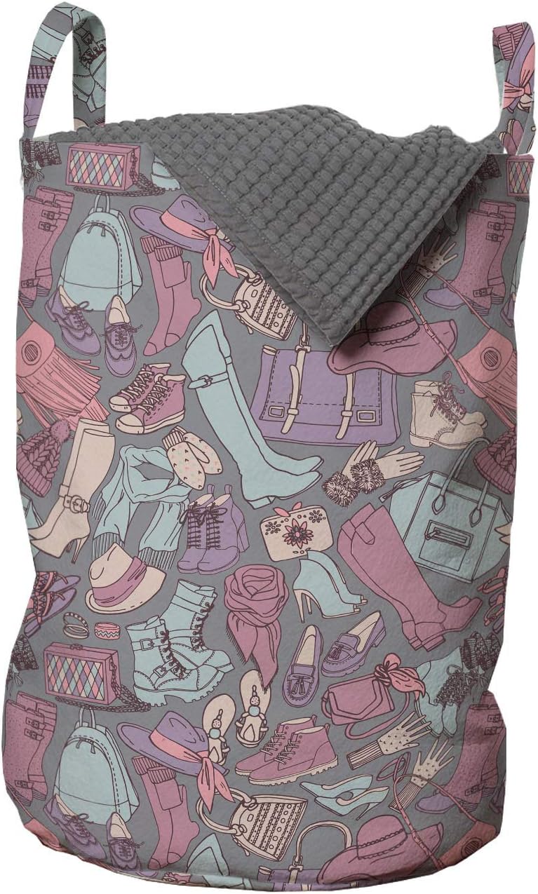 Ambesonne Fashion Laundry Bag, Woman Clothes High Heels Shoes Bags Accessory Female Fashion Doodle, Hamper Basket with Handles Drawstring Closure for Laundromats, 13" x 19", Grey Teal and Multicolor