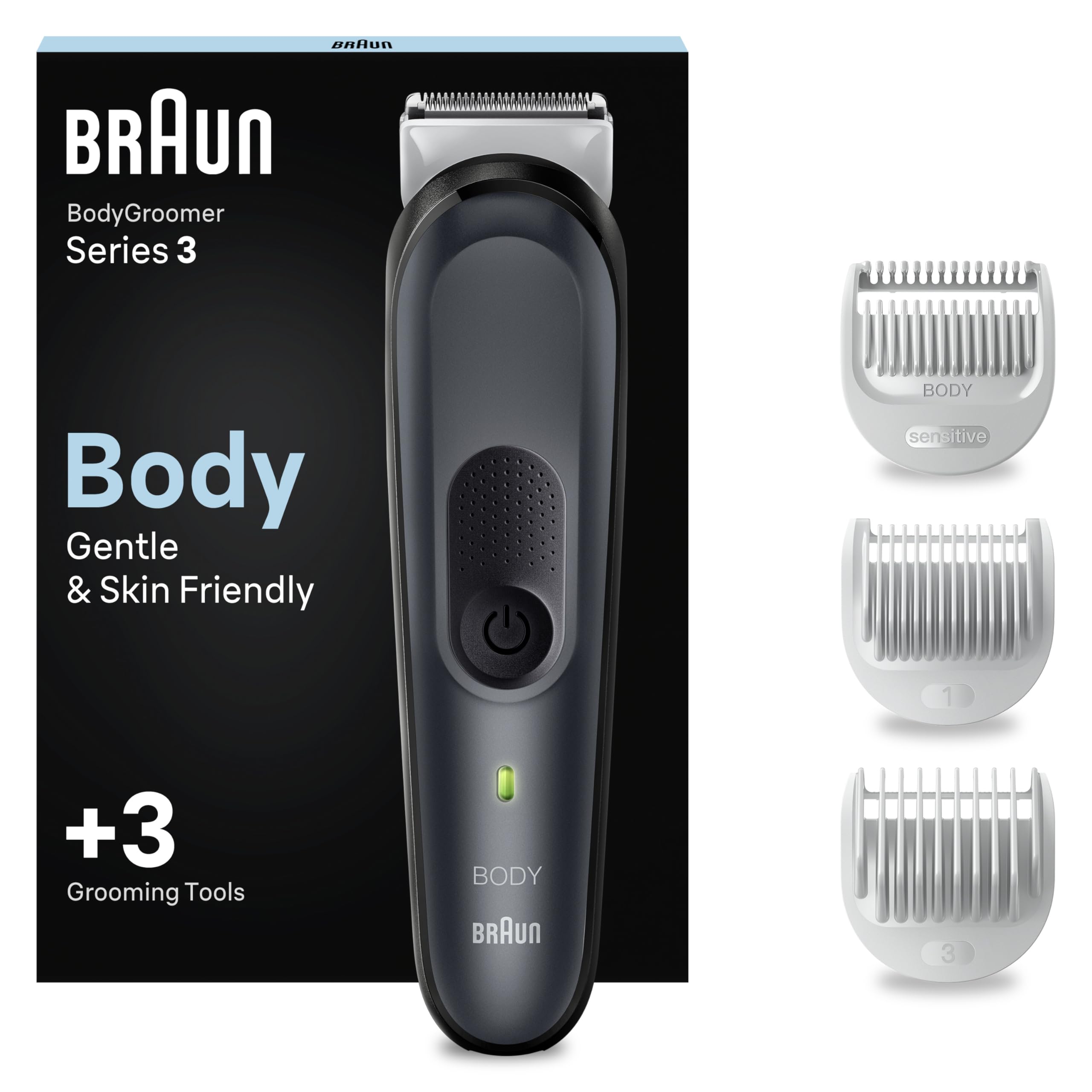 Braun Bodygroomer Series 3 Elektrischer Körperrasierer Herren Kabelloser Trimmer Intimbereich Körper 80 Min Akku Wasserdicht BG3340 Schwarz Grau