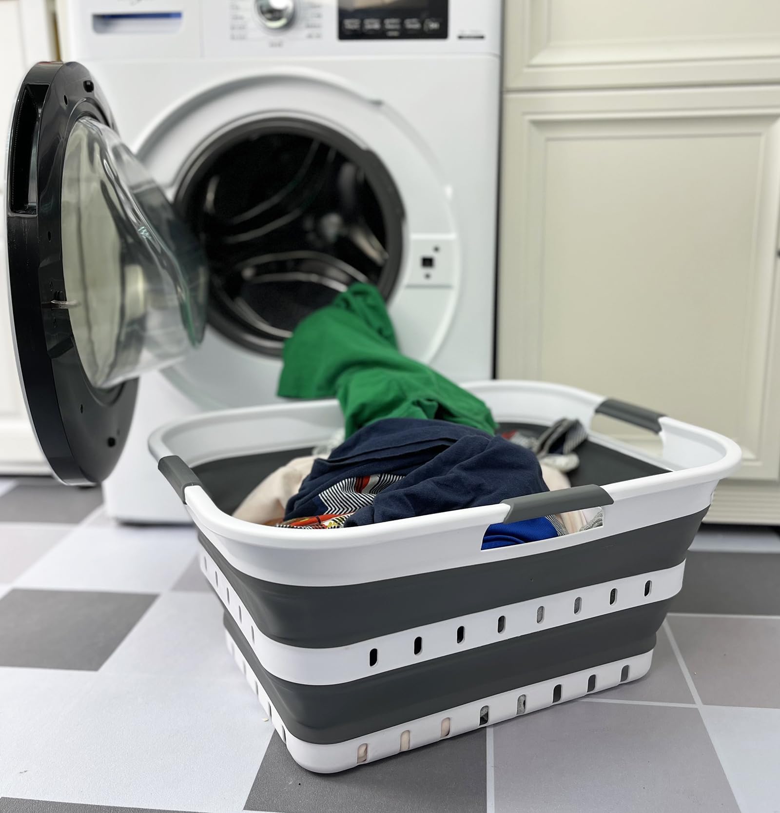 SAMMART 42L Collapsible Plastic Laundry Basket - Foldable Pop Up Storage Container/Organizer - Transportable Washing Tub - Space Saving Hamper/Basket (1, White/Steel Gray) โ image 1