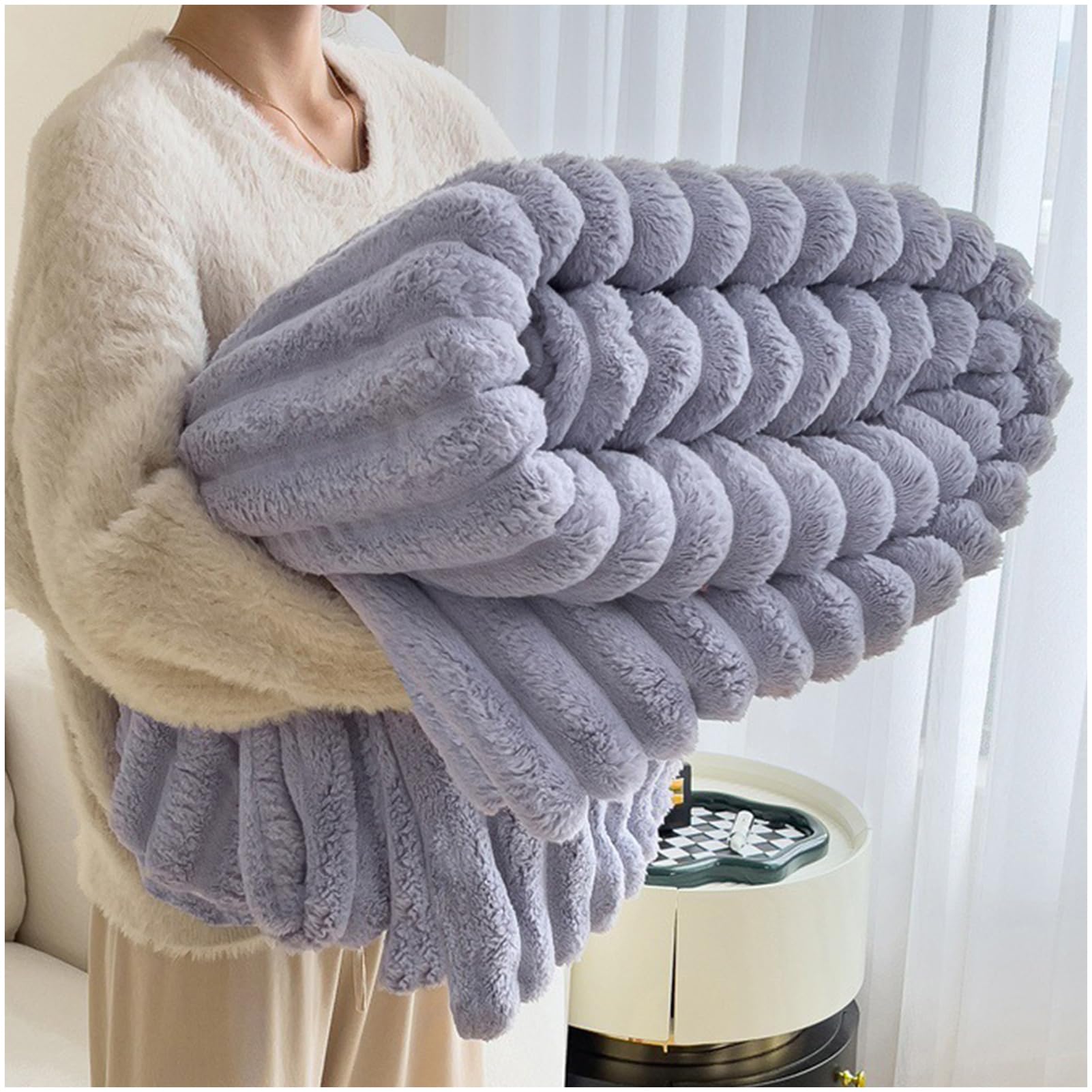 Throw Blanket Imitation Rabbit Fur Double Sided Fluffy Blanket Thick Warm Cozy for Couch Chair Bed Sofa Living Room Decorative Gifts Fall Blankets (Purple, 120 * 200cm)
