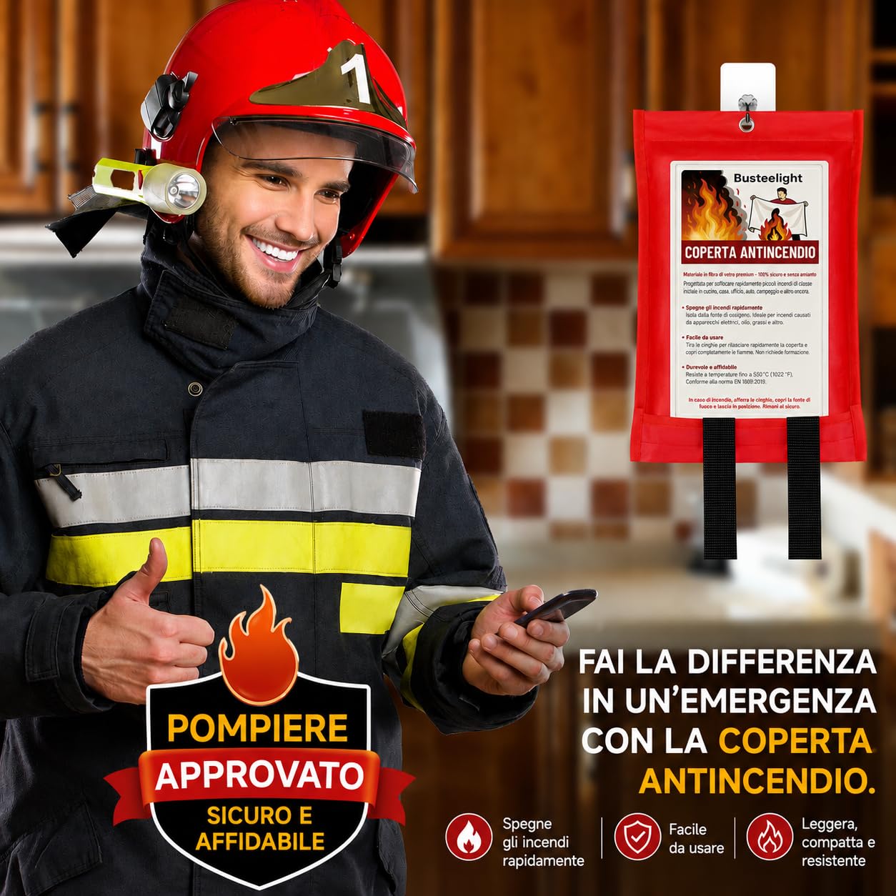 Coperta Antincendio 100 × 100 cm – Coperta Ignifuga in Fibra di Vetro per Casa, Cucina, Auto e Ufficio – Fire Blanket di Emergenza (4 Pezzi)