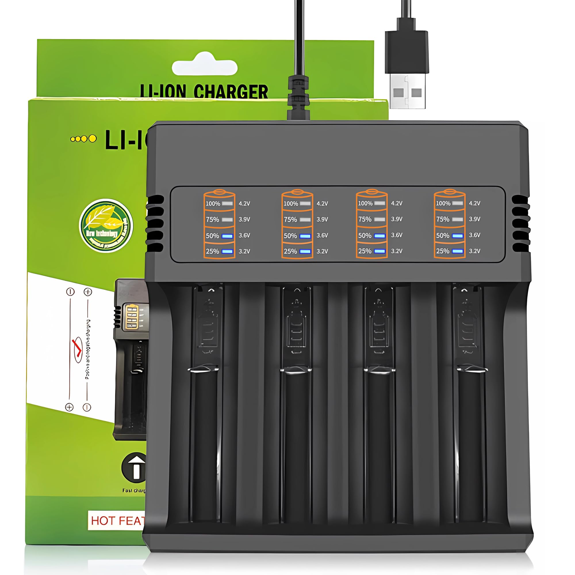 18650 Battery Charger 4 Bay Smart Universal Charger for 3.7V Rechargeable Batteries Li-ion Batteries 18650 26650 14500 16340(CR123) 21700 18490 18350 Batteries (Not Battery)