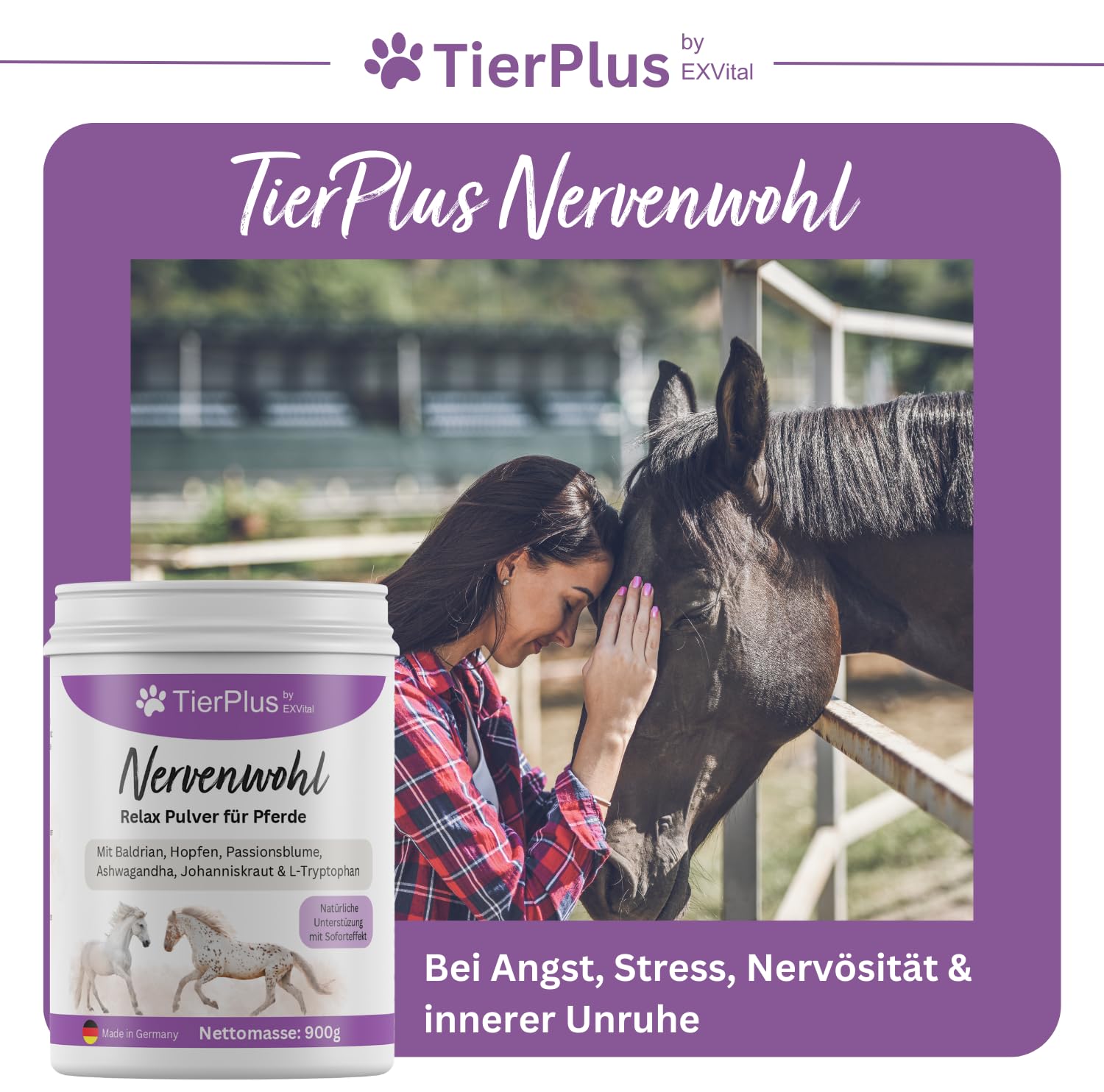 Nervenwohl Relax Pulver für Pferde, mit Mit Baldrian, Hopfen, Leinöl, Passionsblume, Ashwagandha, Johanniskraut & L-Tryptophan, 900g Dose, hochdosiert & mit Soforteffekt!