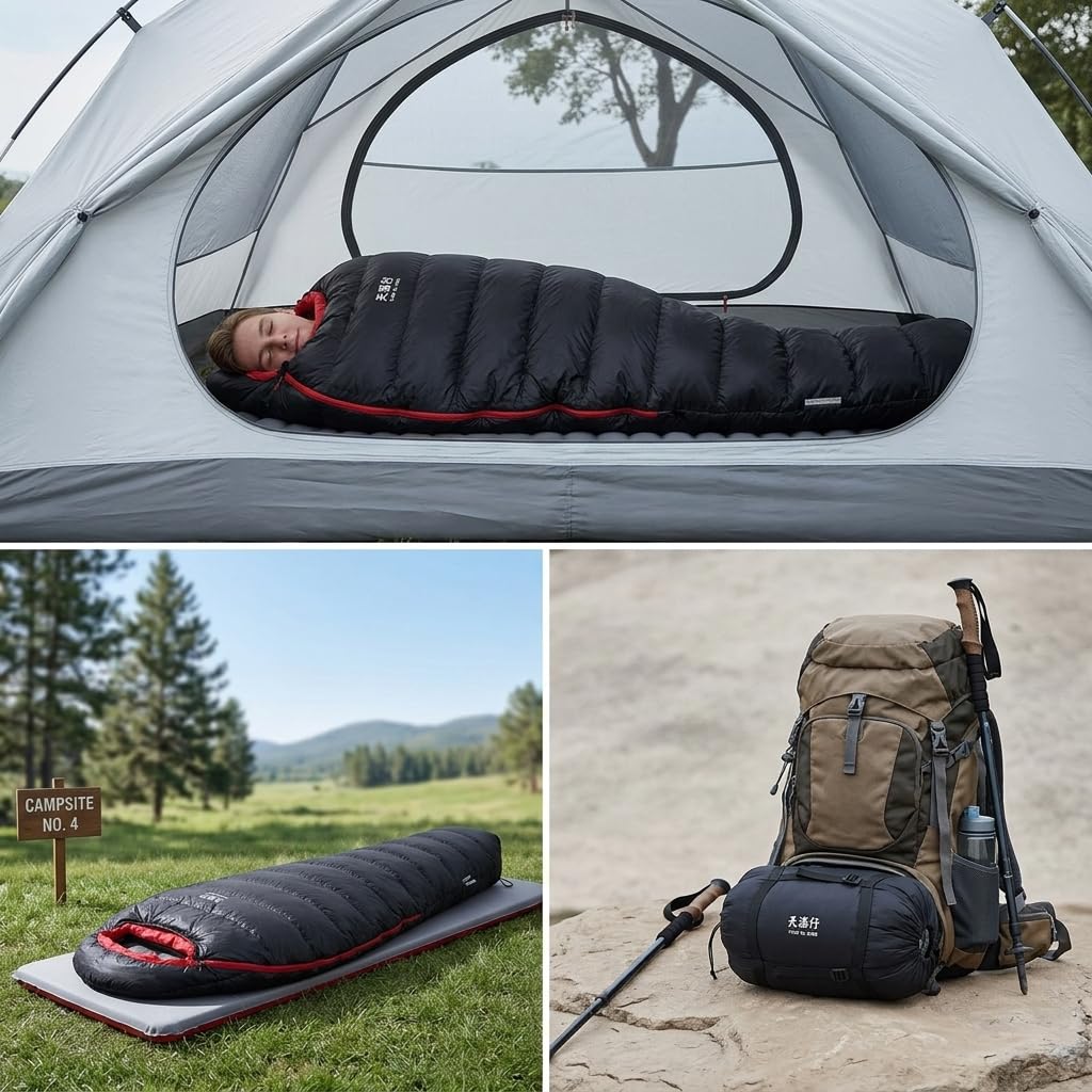 Saco Dormir Momia, Plumón Ligero, Impermeable Camping Senderismo, con Almohada Hinchable