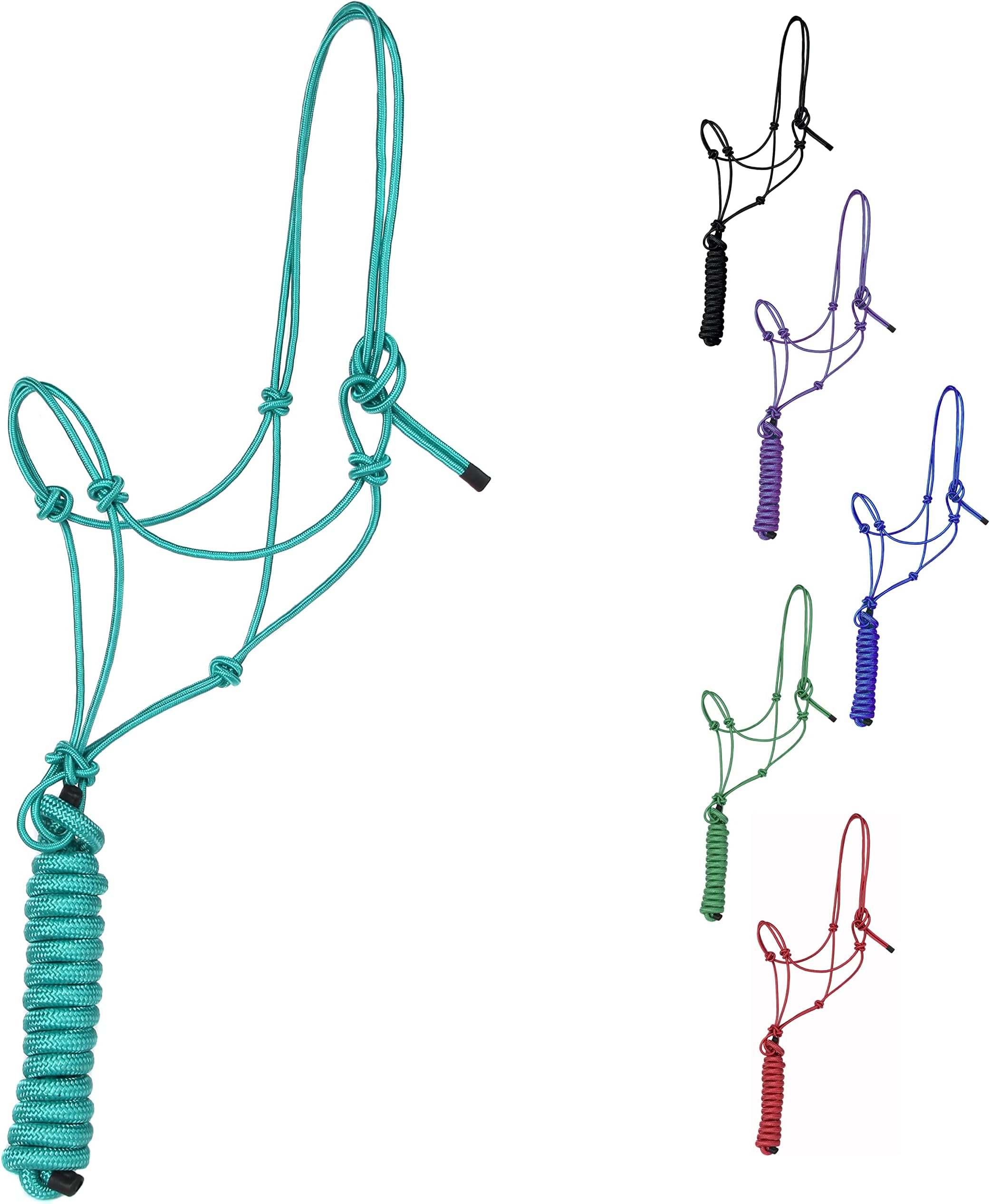 Majestic Ally 1/4" Rope 4 Knot Stiff Polyester Training Halter with 10’ Matching Lead Rope for Horses – Full (Turquoise, Full)