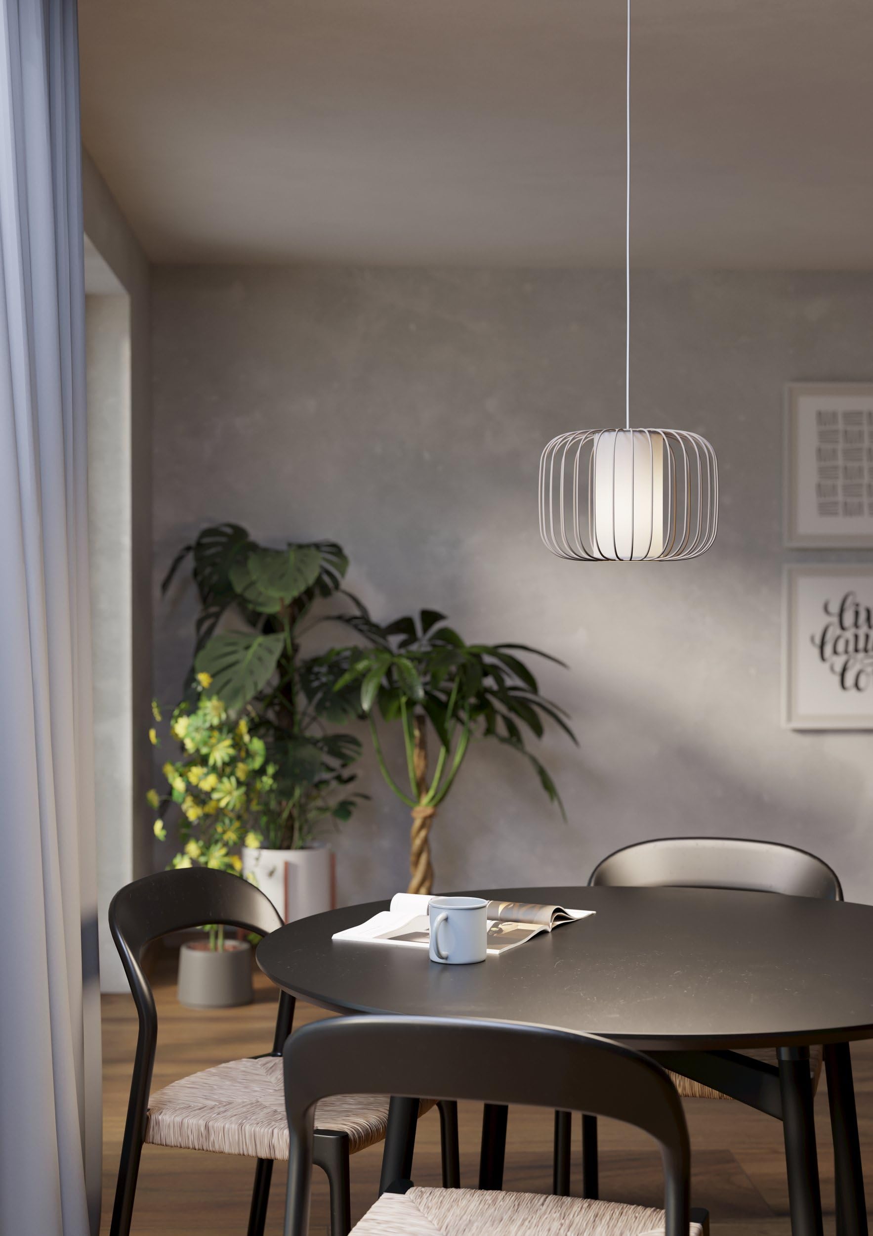 Eglo Suspension luminaire Terrarosa, lustre pour salon et salle à manger | lampe de plafond suspendue en métal couleur sable et tissu blanc, douille E27, Ø 28,5 cm