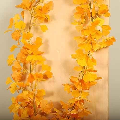 Miniatura 5 de Emivery Paquete de 2 guirnaldas artificiales de hojas de ginkgo, hojas de otoño falsas para colgar hojas de ginkgo amarillas para el hogar, fiesta,