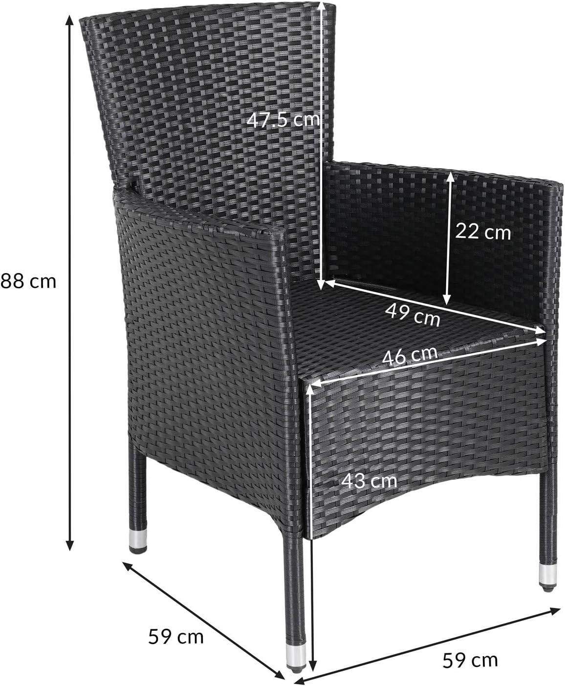 Diagram showing the dimensions of the poly rattan garden armchair.