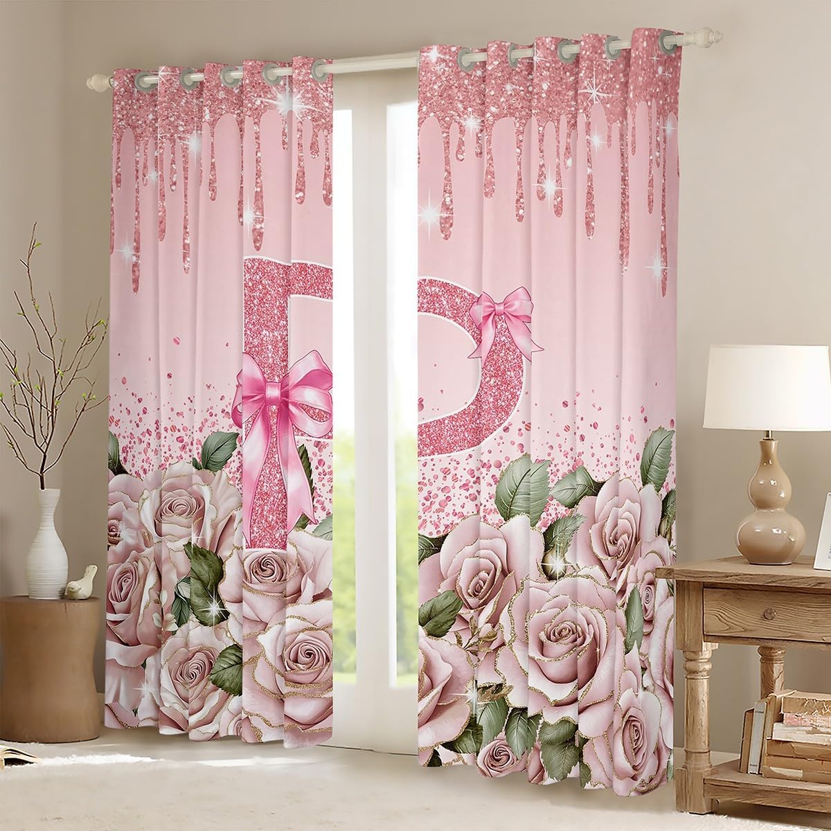 Initial A-Z Letter Blackout Curtains for Bedroom, Personalized Initial Letter P Window Curtains 2 panel Sets 38"Wx45"L,Monogrammed Pink Bow Romantic Rose Bowknot Kawaii Window Treatments Drapes