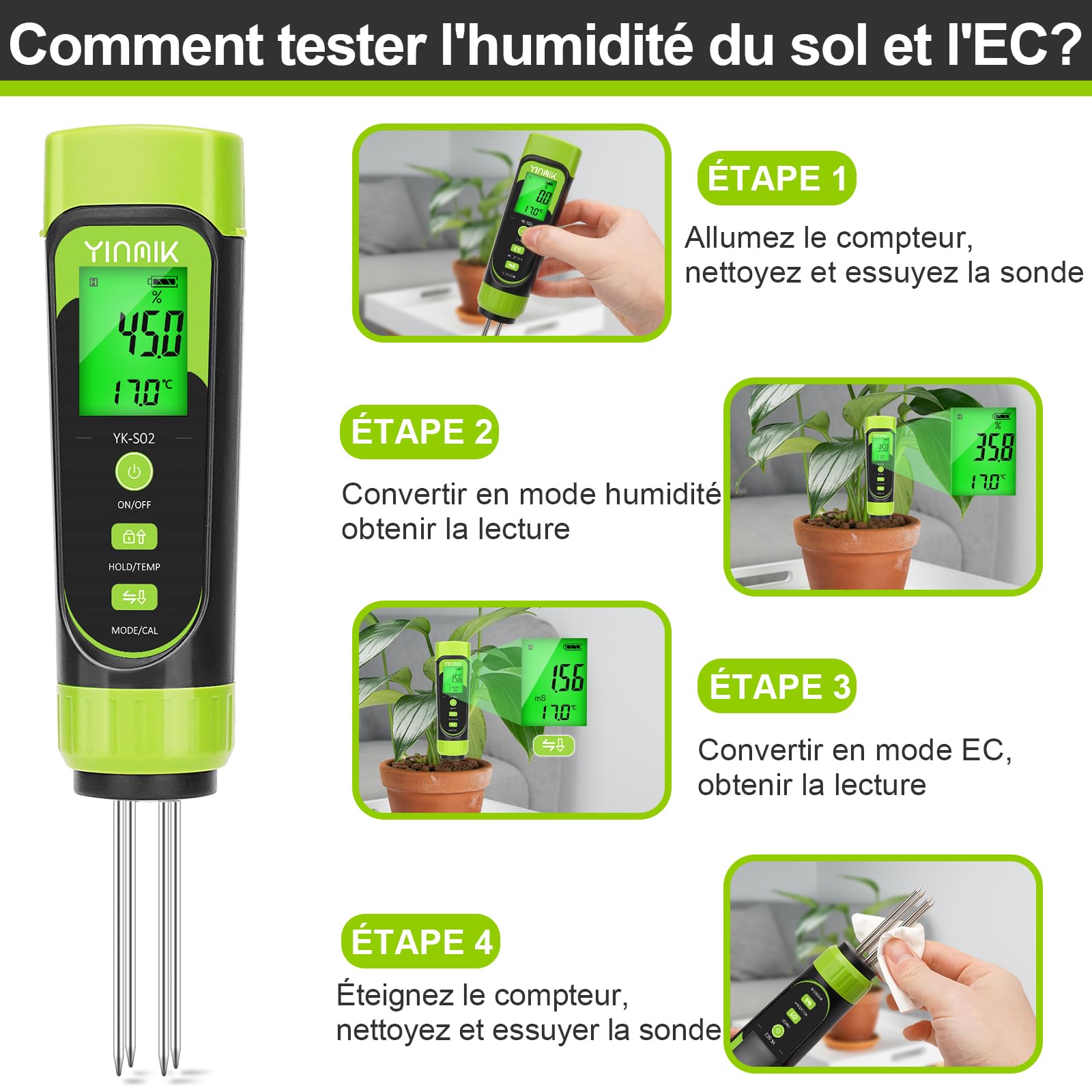 YINMIK Testeur Humidité de Sol Numérique, Humidimètre pour Plantes | Testeur EC et Humidité du Sol, Mesure de la Conductivité de Solution Nutritive Hydroponique, Capteur pour Jardin, Plantes