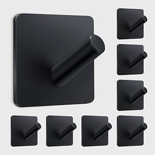 xdgeLoad Heavy Duty Adhesive Hooks, Bathroom Hooks 8 Pack, SUS304 Stainless Steel Matte Black Wall Hooks for Doors/Bathrooms/Coat/Robe/Kitchen, Wall Hangers Without Nails