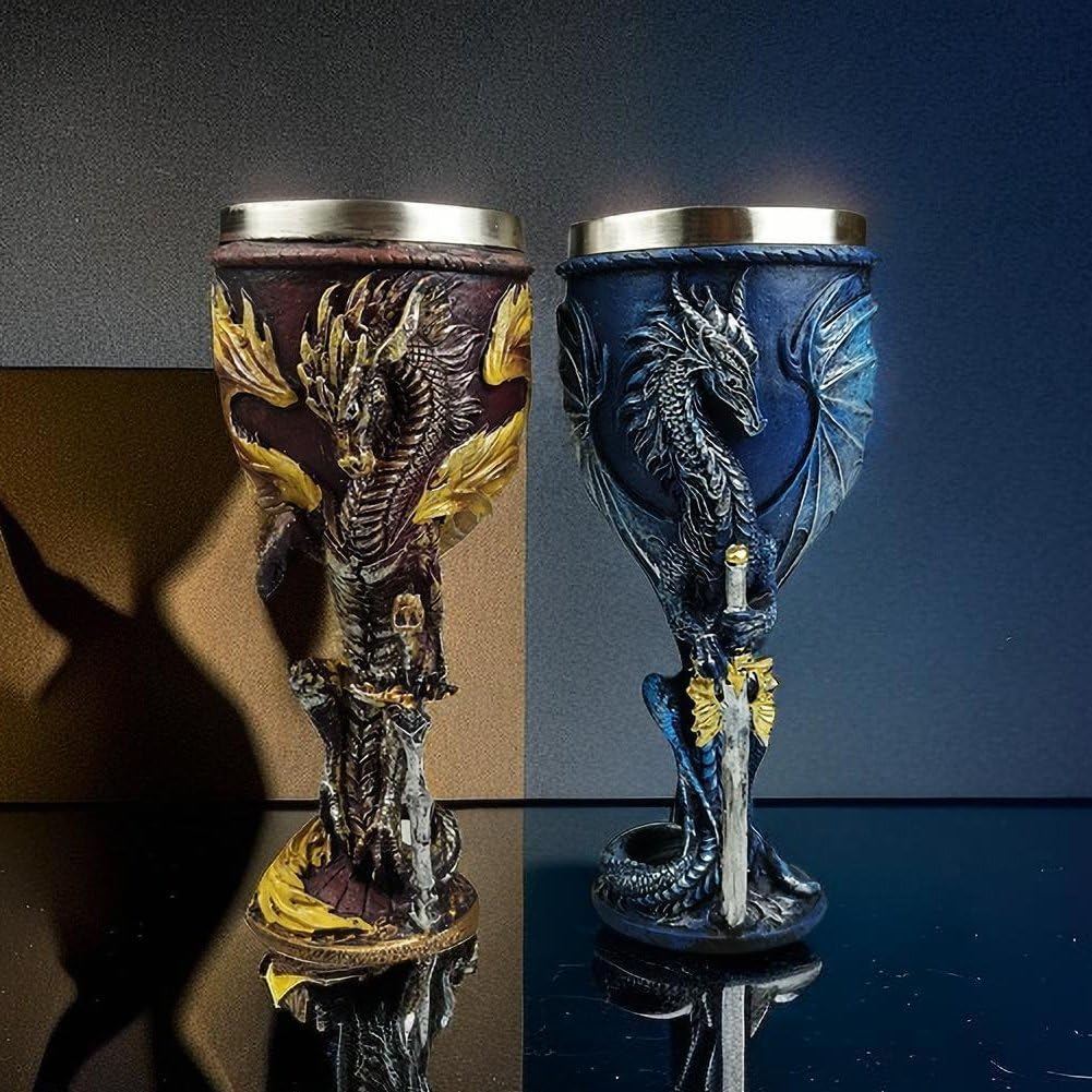 Calice Vino con Drago Fiammeggiante Medievale, 7 Once, in Acciaio Inossidabile E Resina, Calice Vino Fantasy Medievale, Regalo per Uomo, Festa del papà, Festa a Tema