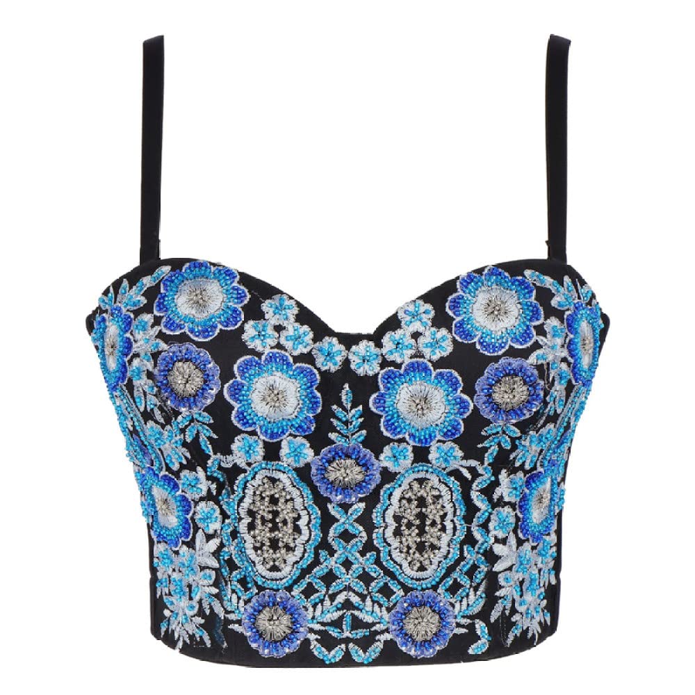 YSGE Corpetto Donna Sexy,Corsetti Sexy da Donna Classico Fiore Blu Ricamo Perline Estate Spalline Sottili Bustier Corsetto Top Push Up Crop Top Canotta Senza Schienale Gilet per Clubwear Party