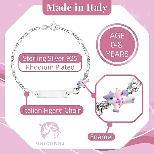 Miniatura 3 de UNICORNJ 925 Italy Sterling Silver Child or Baby Name Bracelet Girls Boys, Personalized Engraved Kids ID Bracelets, 6.5" Figaro Chain, Enamel Charm