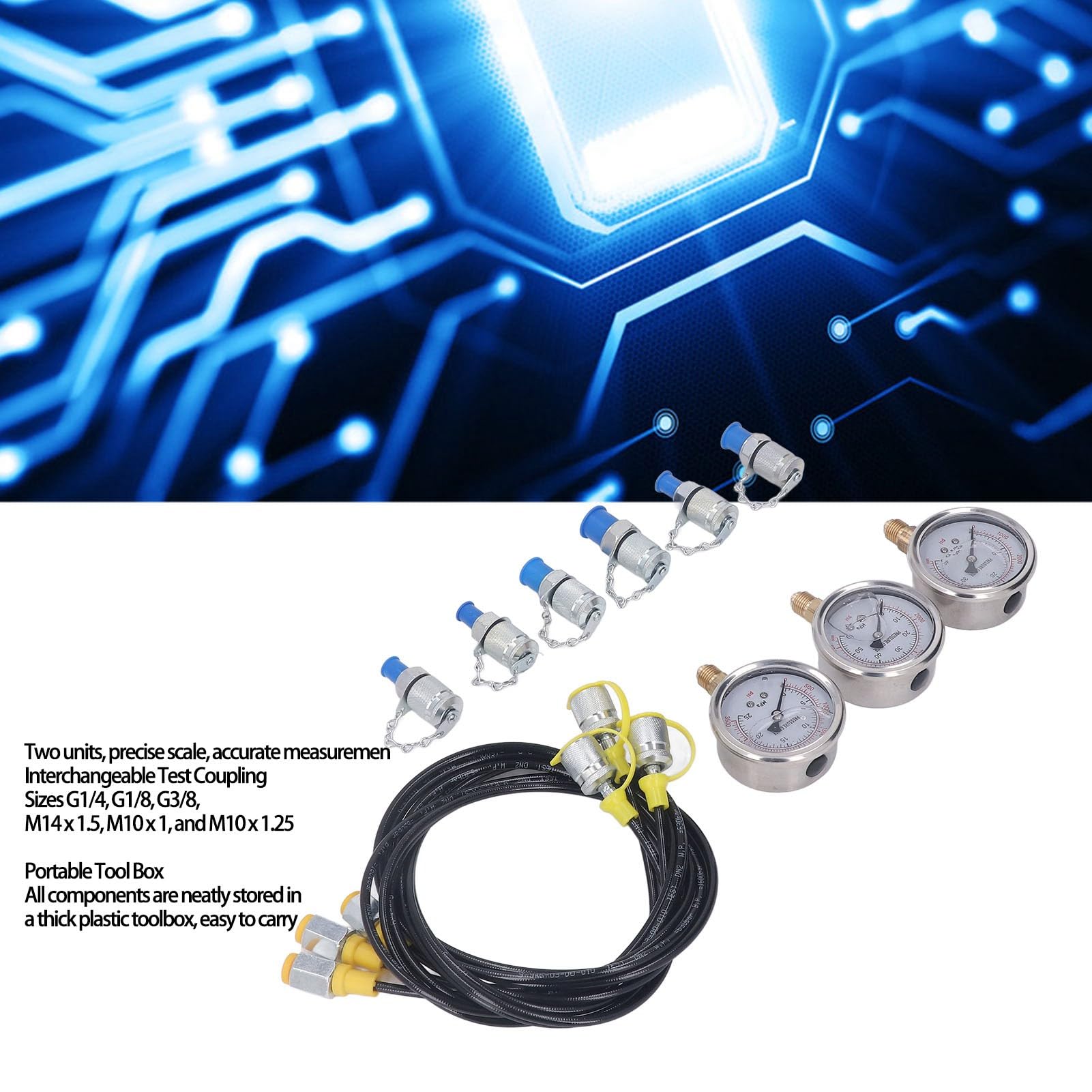 Kit di Prova della Pressione idraulica 3 manometri 6 Giunti 3 Tubi Flessibili Scatola di Prova della Pressione idraulica Portatile per Uso Industriale
