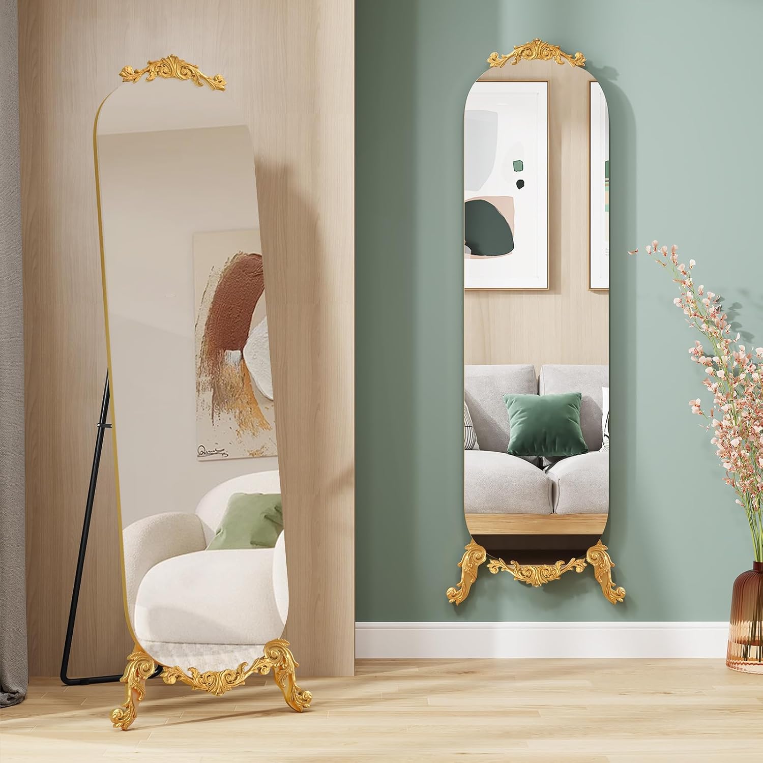 Gothic Vintage Elegant Frameless Carved Full Length Arched Mirror with Stand, 61.5" H x 20" W Large Wall Mirror, Gold Modern Decorative Floor Mirror for Wedding, Bedroom, Living Room, Entryway