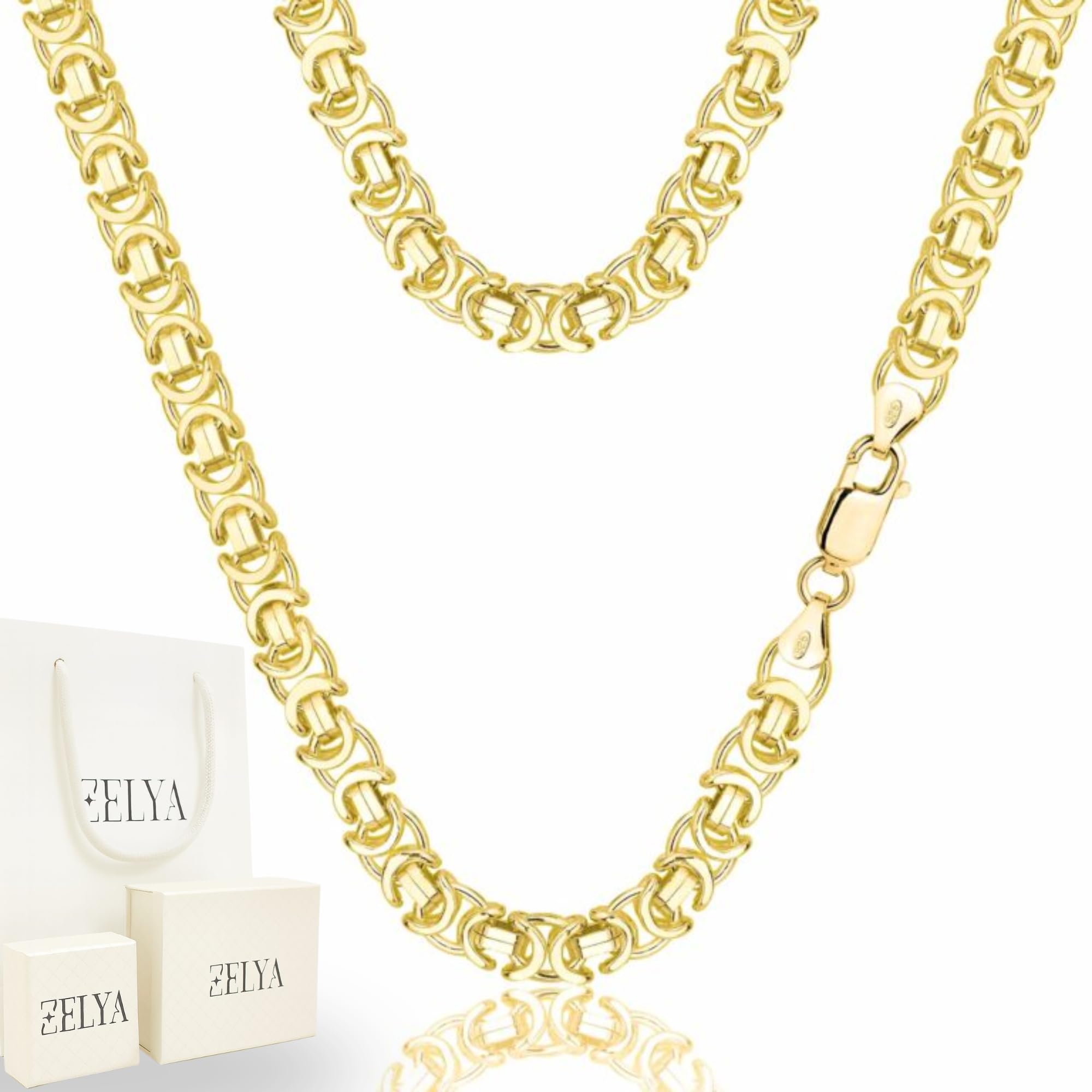 ZELYA vergoldete 925/585 14K, Herren Halskette 5 mm Etrusker Kette, luxuriöse Halskette Königskette, massive Schmuckkette königliche Kette lange 50 cm & Geschenkbox