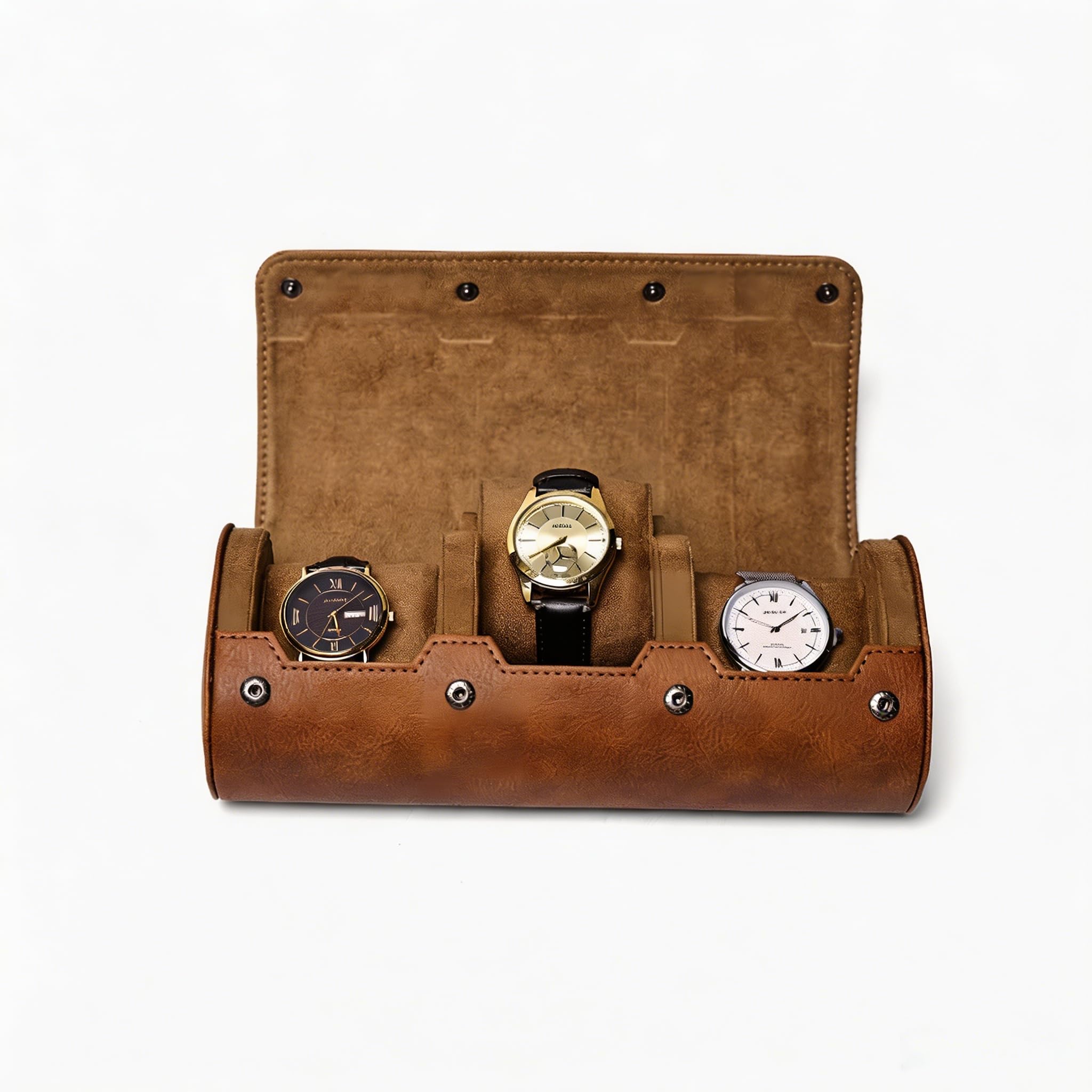MAIKAILE 3 Slot Leather Watch Roll Case, Portable Travel Watch Organizer with Soft Velvet Lining, Watch Storage Box for Men Women Wristwatches (Brown)