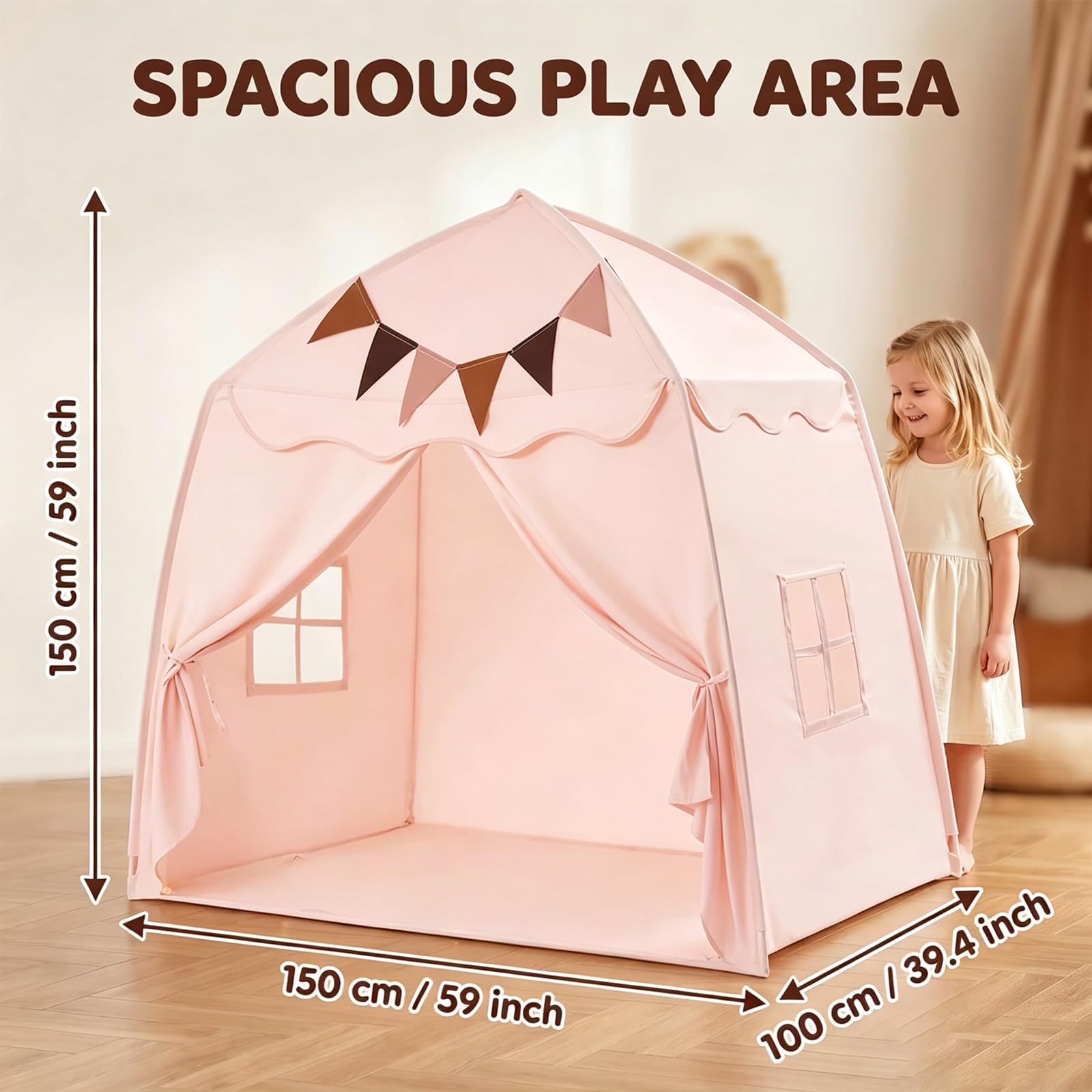 2 IN 1 Kinderzelt Indoor, Spielzelt mit LED-Lichtern und Dekoration, Kinderzimmer Spielhaus Indoor für Schlafzimmer Spielzimmer, Faltbares Spielzelt für Mädchen und Jungen, Rosa