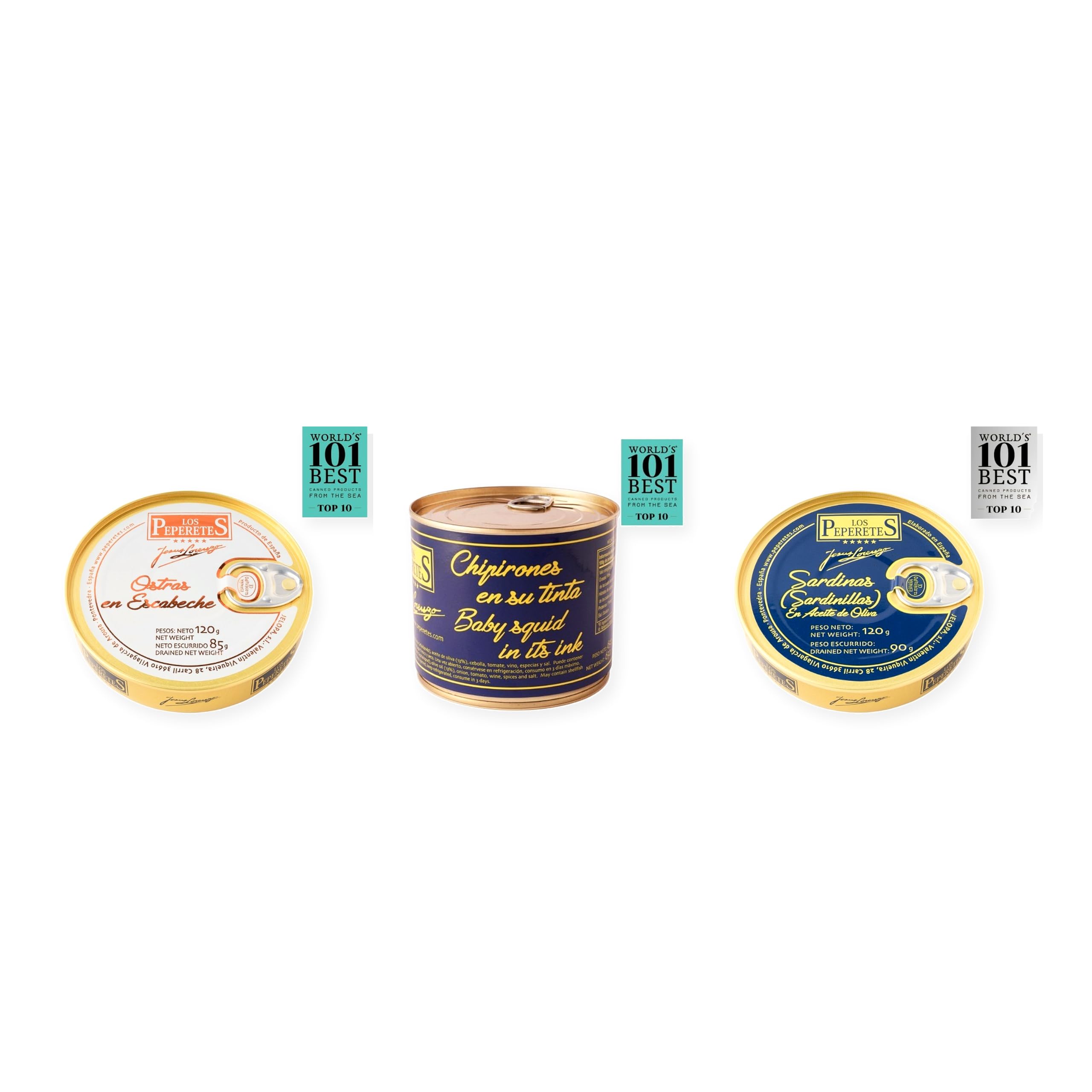 los peperetes conservas Ostras Escabeche, Chipirones Tinta 460g y Sardinillas Aceite Oliva pack 3 latas