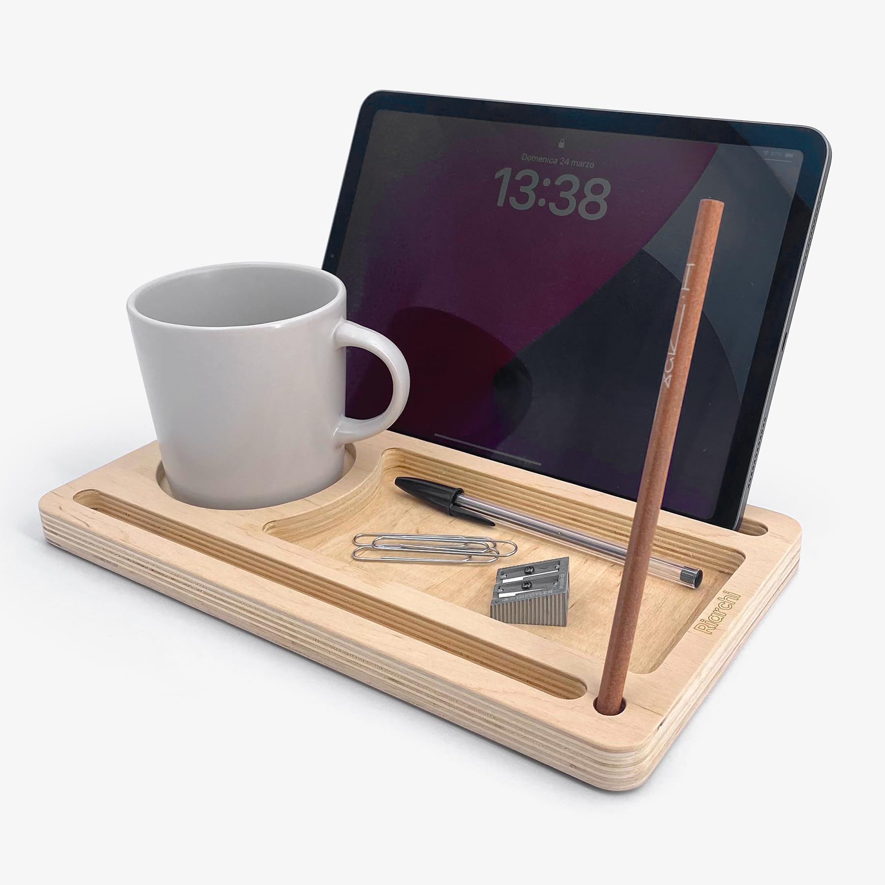 Riarchi PAD - Desk organizer, Portaoggetti Multifunzionale in Legno, Portapenne da Scrivania, Organizzatore Cancelleria, Pad - Phone, Tablet & Smartphone Stand, Arredo Ufficio (Natural Wood)