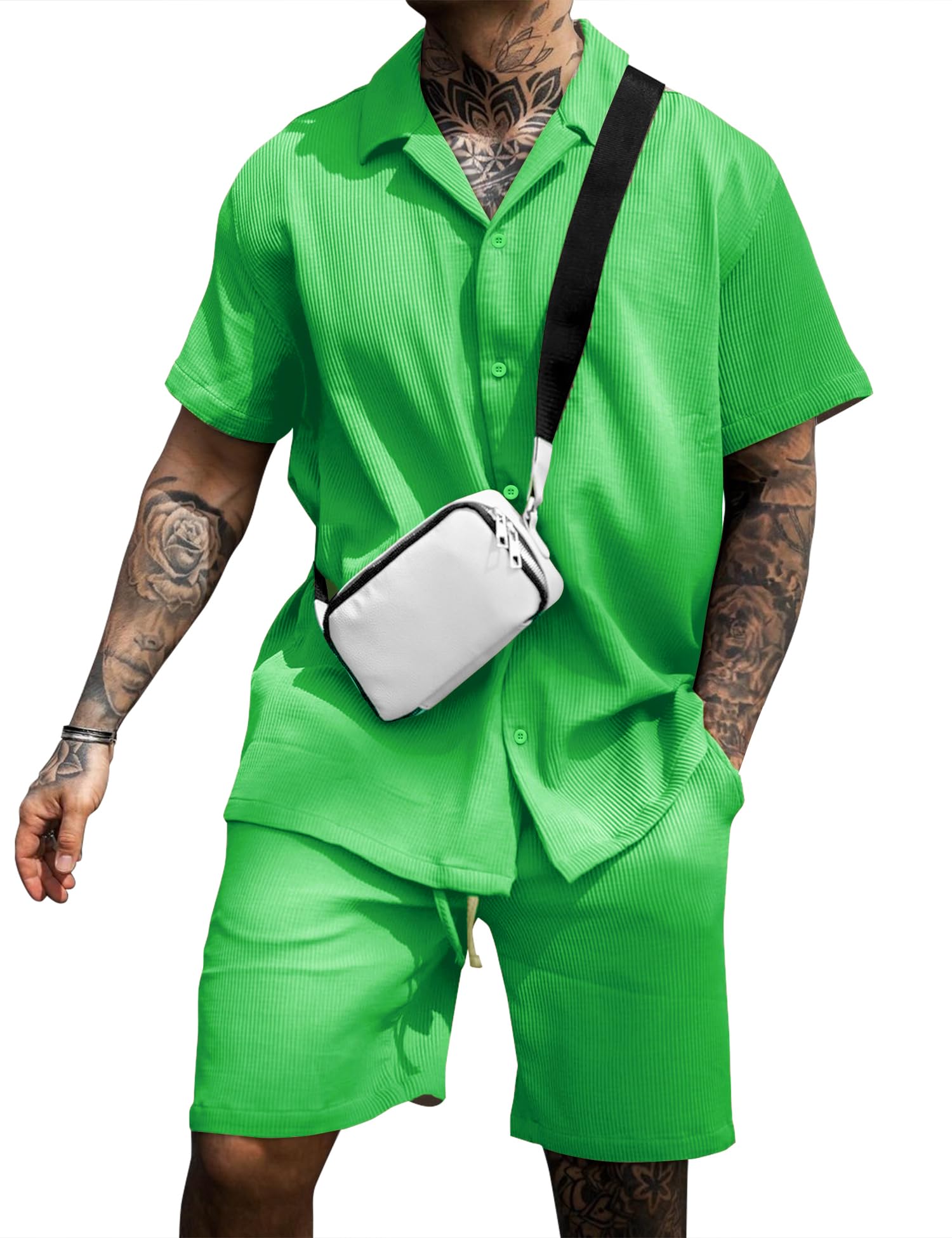 URRUMen's Shirt and Shorts Set Short Sleeve Casual Button Down 2 Piece Summer Outfits