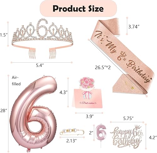 Miniatura 2 de Decoraciones de 6 cumpleaños para niñas, incluye adorno para pastel de cumpleaños de 6 años, banda reina con alfiler de perlas, corona de tiara