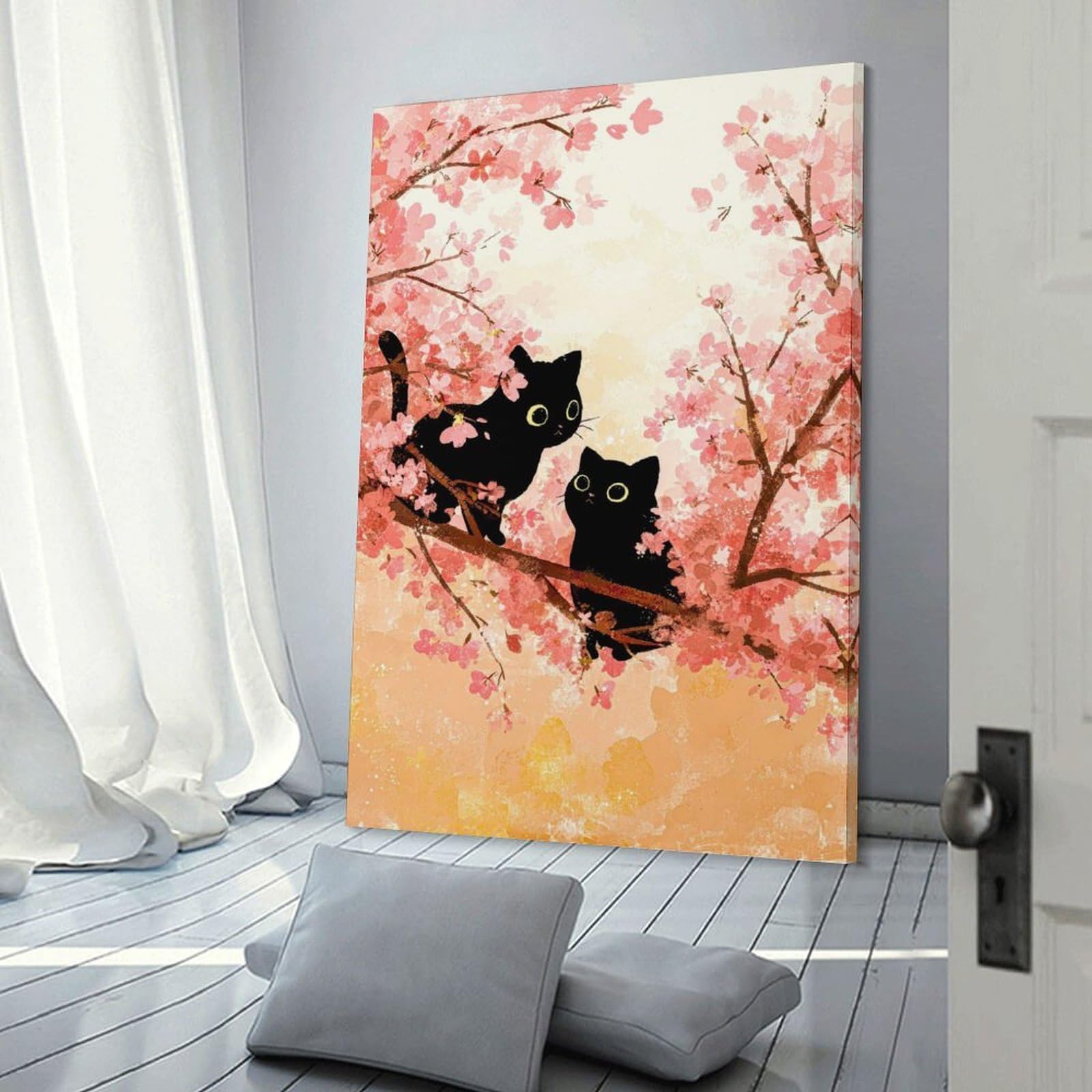 Junmoney Two Black Cats in Cherry Blossoms Home Decor Wall Art, 24x36inch(60x90cm), for New Homes, Bedrooms Or Workspaces, Gift Idea for Housewarming And Birthdays