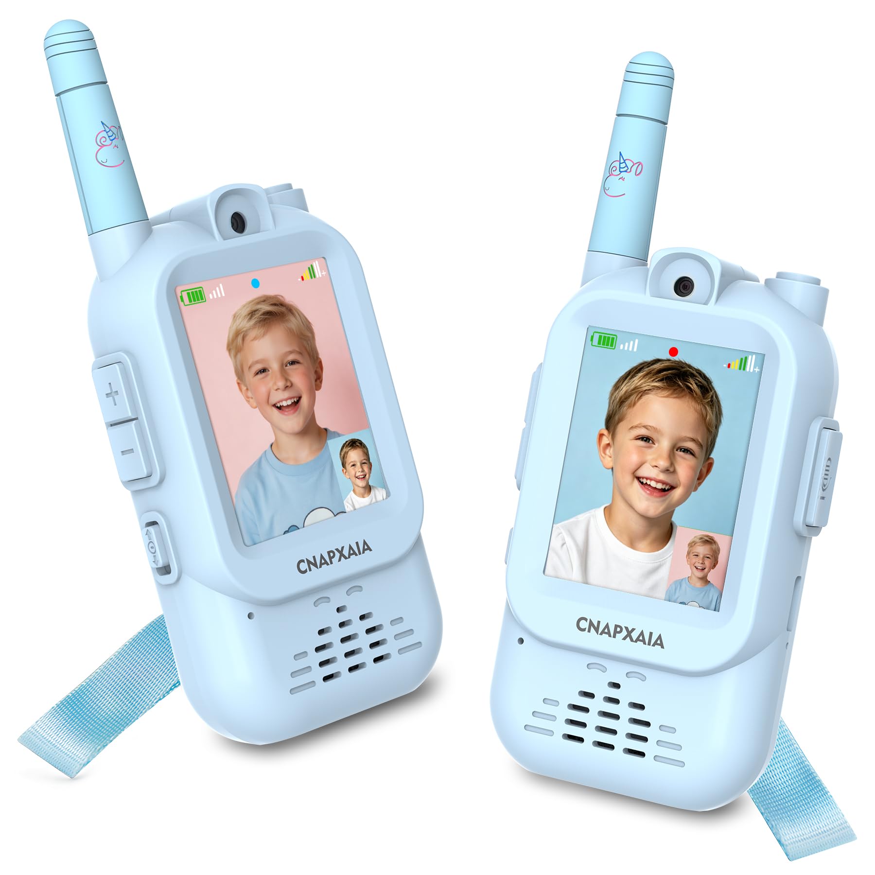 Walkie Talkie Bambini Video, Videochiamata Senza Internet e Senza App, Connessione Automatica, Selfie Emoji Messaggi Vocali, Gioco Interattivo Bambini 3-10 Anni Regalo (Blu/Blu)