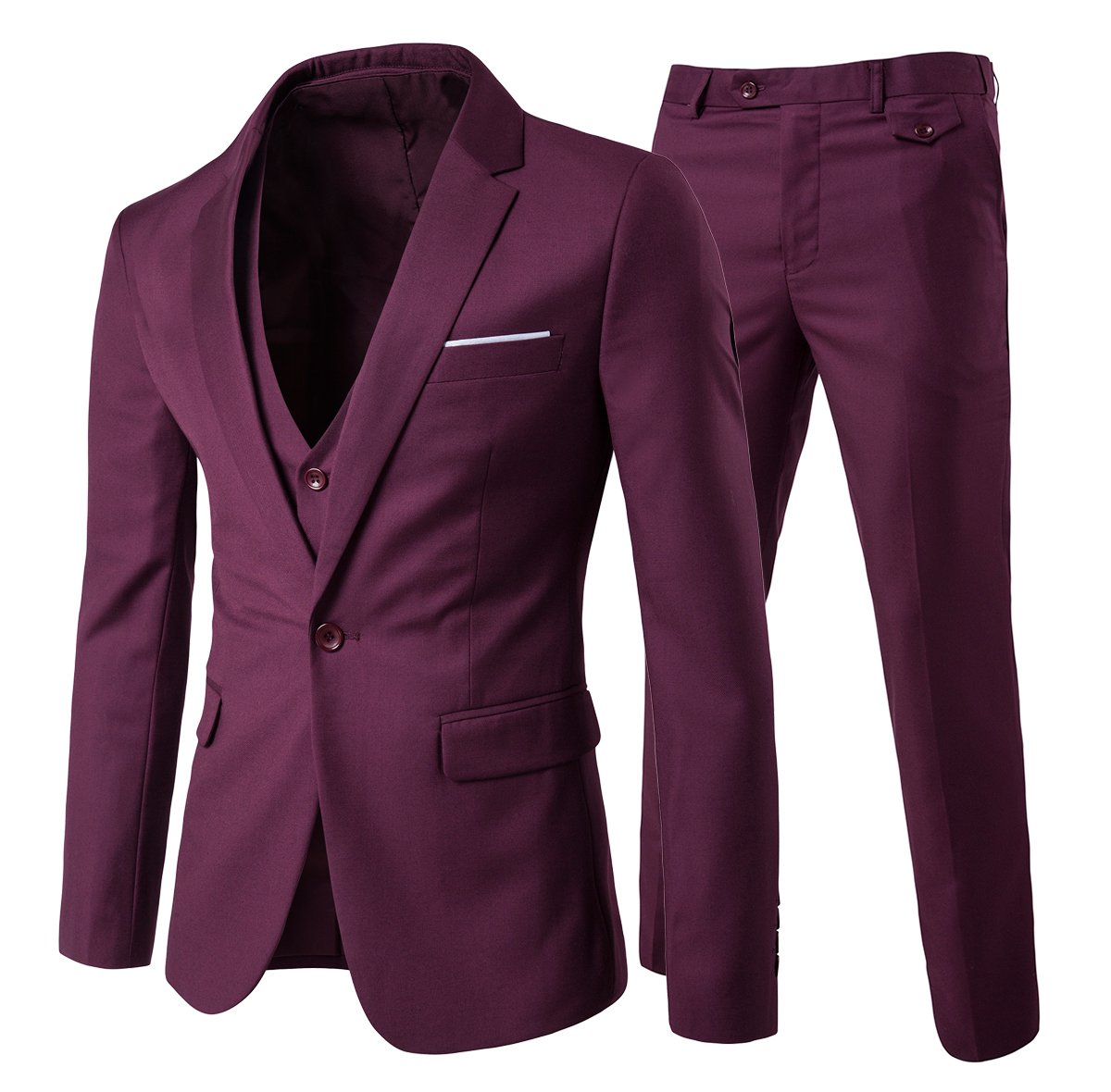 Cloudstyle en's odern Fit 3-Piece Suit Blazer Jacket Tux Vest & Trousers, M, Burgundy