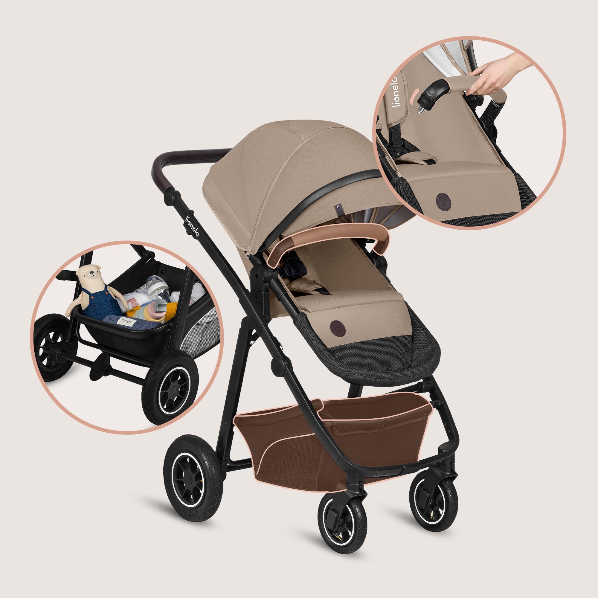LIONELO BIANKA Cochecito de Bebé 3 en 1 (22 kg) Portabebés (9 kg) Silla de Coche (13 kg), Plegable, Sistema de Viaje Respaldo Ajustable Ruedas 360o Amortiguación, Capota XXL, Carrito de Bebe (Beige)