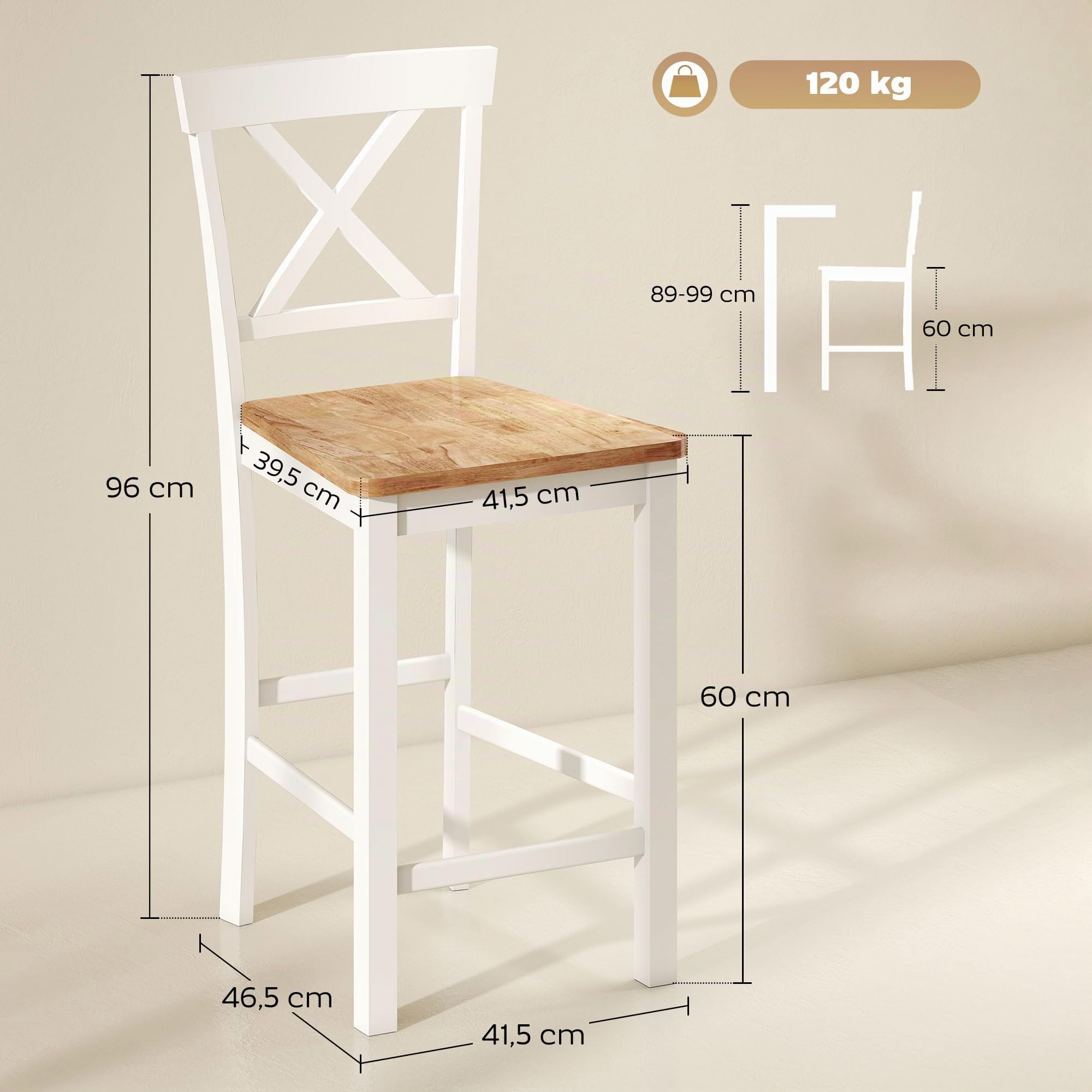 HOMCOM Barhocker 2er Set Armlose Küchenstühle mit Rückenlehne, Eiche