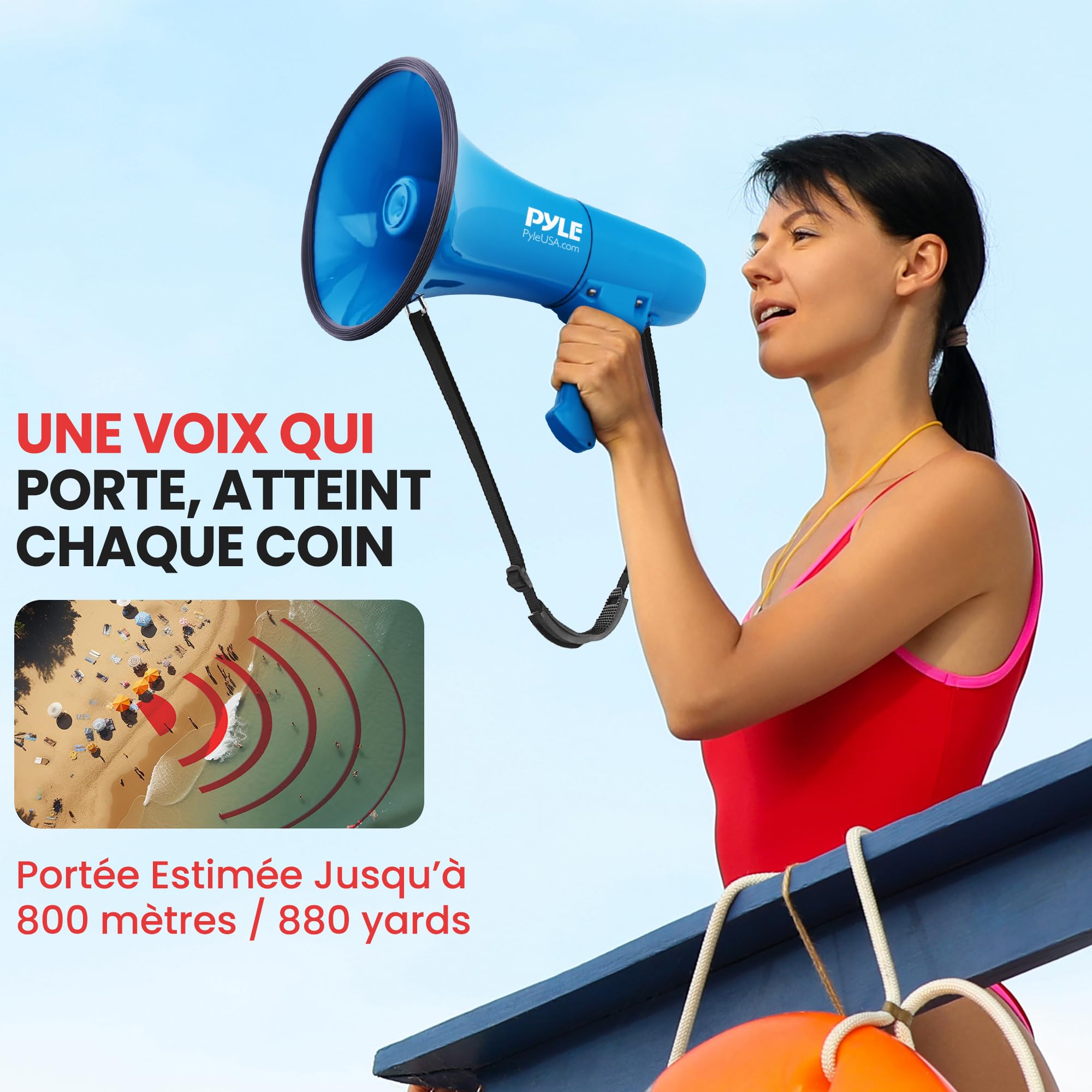 Pyle Mégaphone - Haut-Parleur 40 W avec Sirène et Musique - Mégaphone Porte-Voix Portatif et Léger, Portée 670 m², pour Intérieur et Extérieur – Bleu