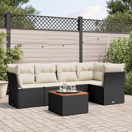 Miniatura 5 de 6-Piece Garden Sofa Set in Black and Cream White, Modern Outdoor Furniture with Synthetic Rattan and Acacia Wood Frame, Water-Resistant Modular