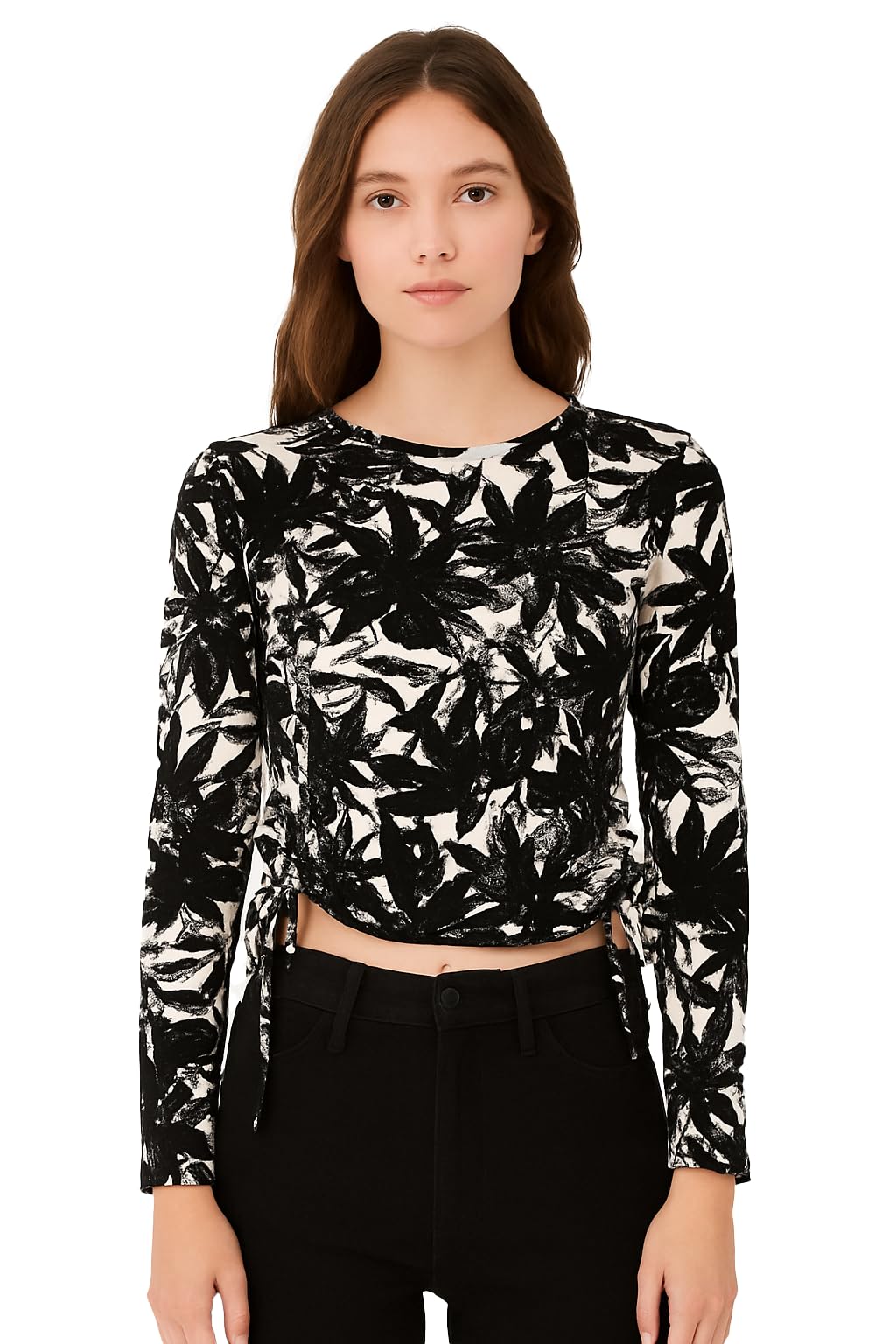 Women Long Sleeves Hollow Out Side String Velvet Embossed Print Mesh Crew Neck Crop Top T-Shirt DN666-image-23