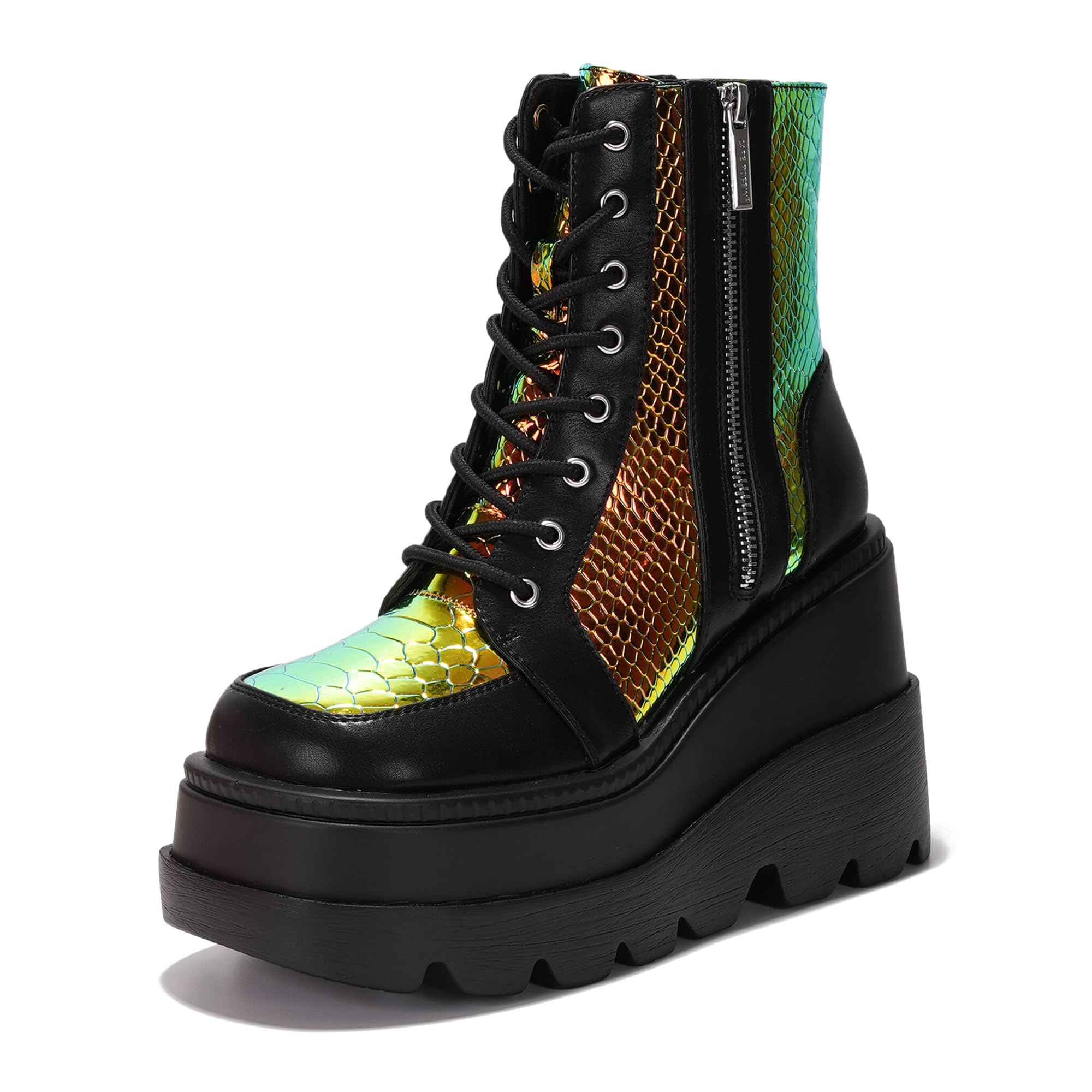 Cape Robbin Holographic Platform Ankle Boots for Women Chunky Block Heels Pointed Toe PU Leather with Buckle Strap Retro Futuristic Style (Radio)