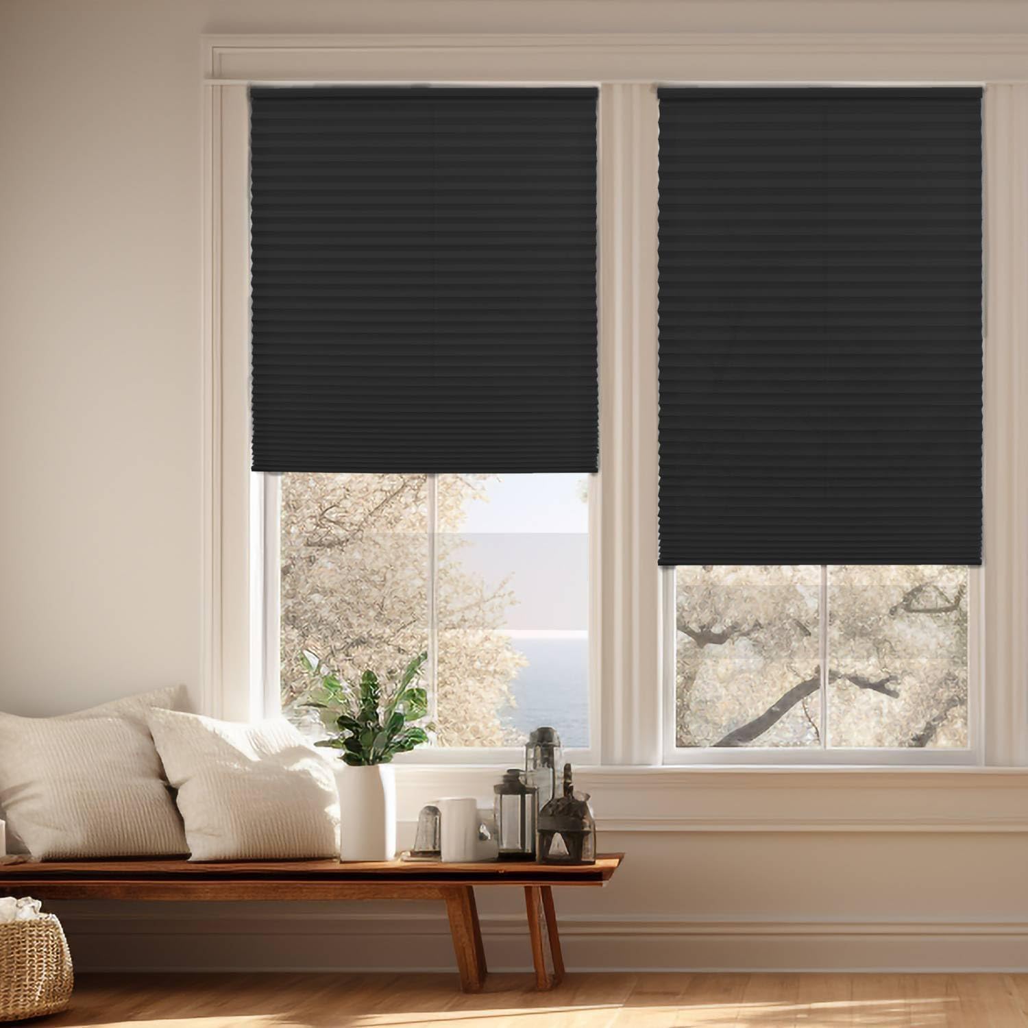 2 PCS Pleated Window Shades, Temporary Blinds Cordless Blackout Pleated Fabric Shade, Shade Light Filtering Blinds Window Easy to Install for Bedroom, Bathroom and Living Room/36 x 72 in