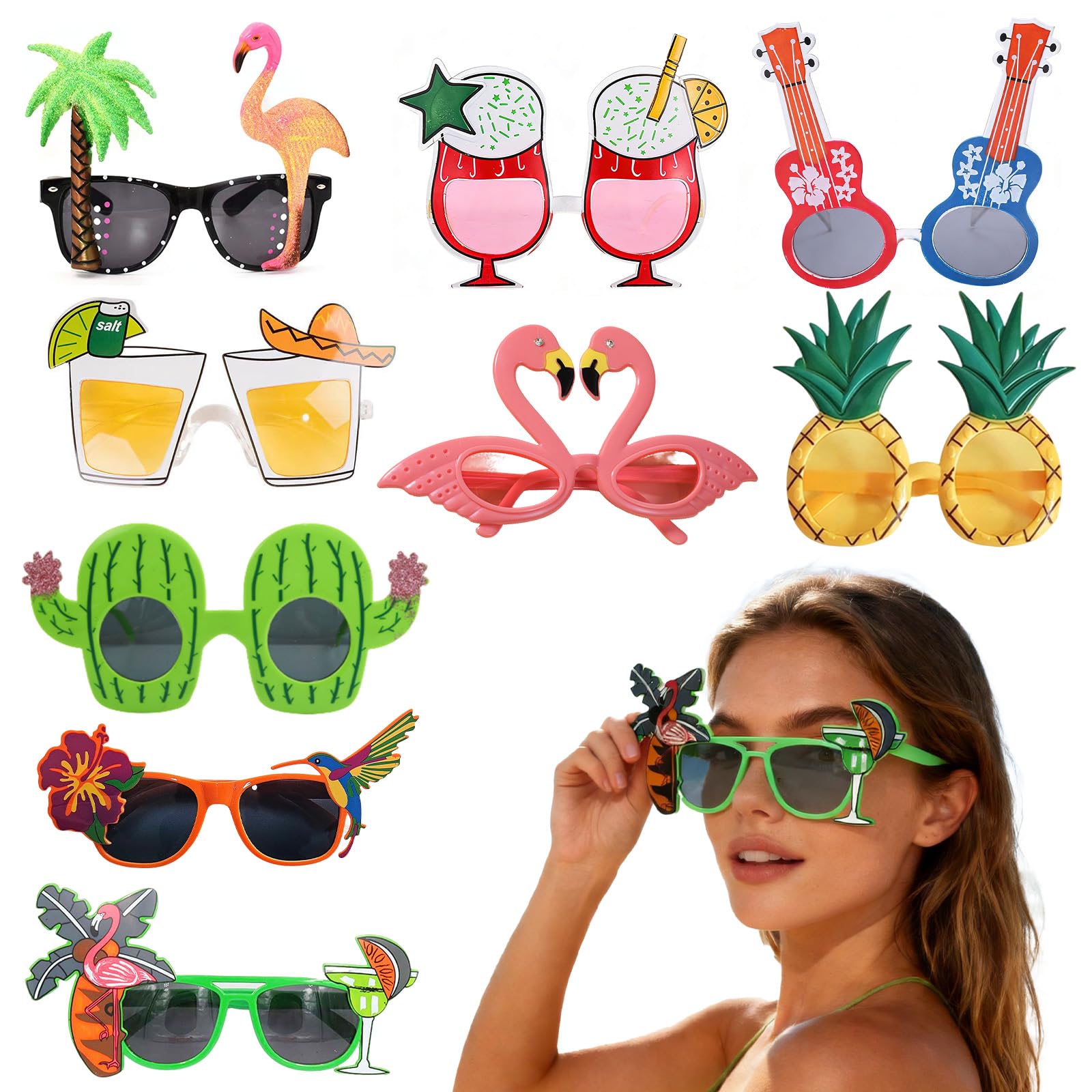 Falafoty 9 Pairs Luau Party Sunglasses,Funny Hawaiian Glasses Novelty Party Glasses, Hawaii Sunglasses Summer Beach Party Photo Booth Prop Tropical Fancy Dress Favor for Kids Adult Party Eyewear (A9)