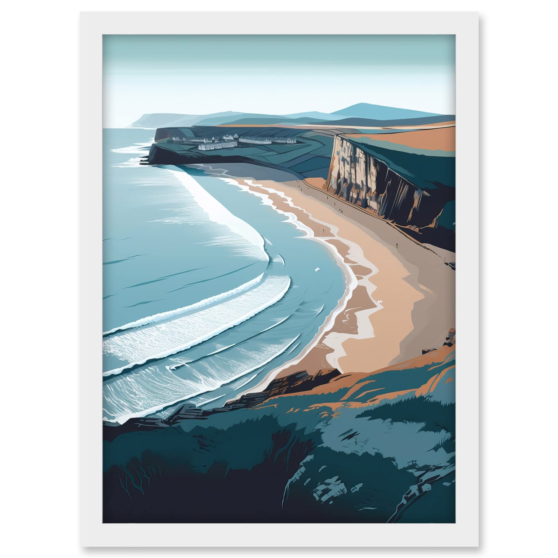 Artery8 Rhossili Bay Cliffs Over Beach Coastal Landscape Artwork Framed A3 Wall Art Print