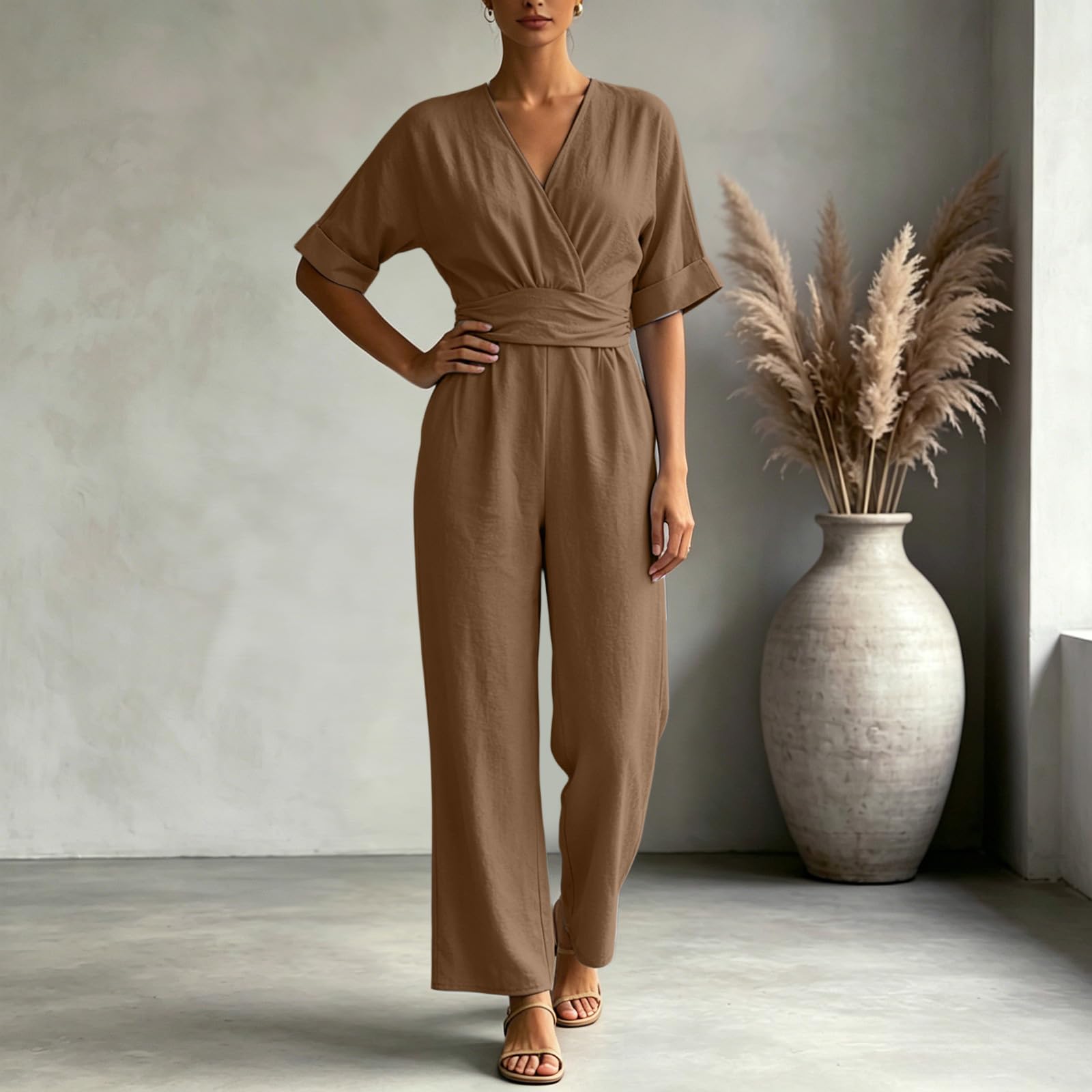 Monos Mujer Verano Jumpsuit Elegante Cuello en V Color Sólido Mono que realza la cintura Mono Mujer Casual Manga Corta con Bolsillos Holgado Clásico Palazzo Casual Sueltos Rompers con Bolsillos