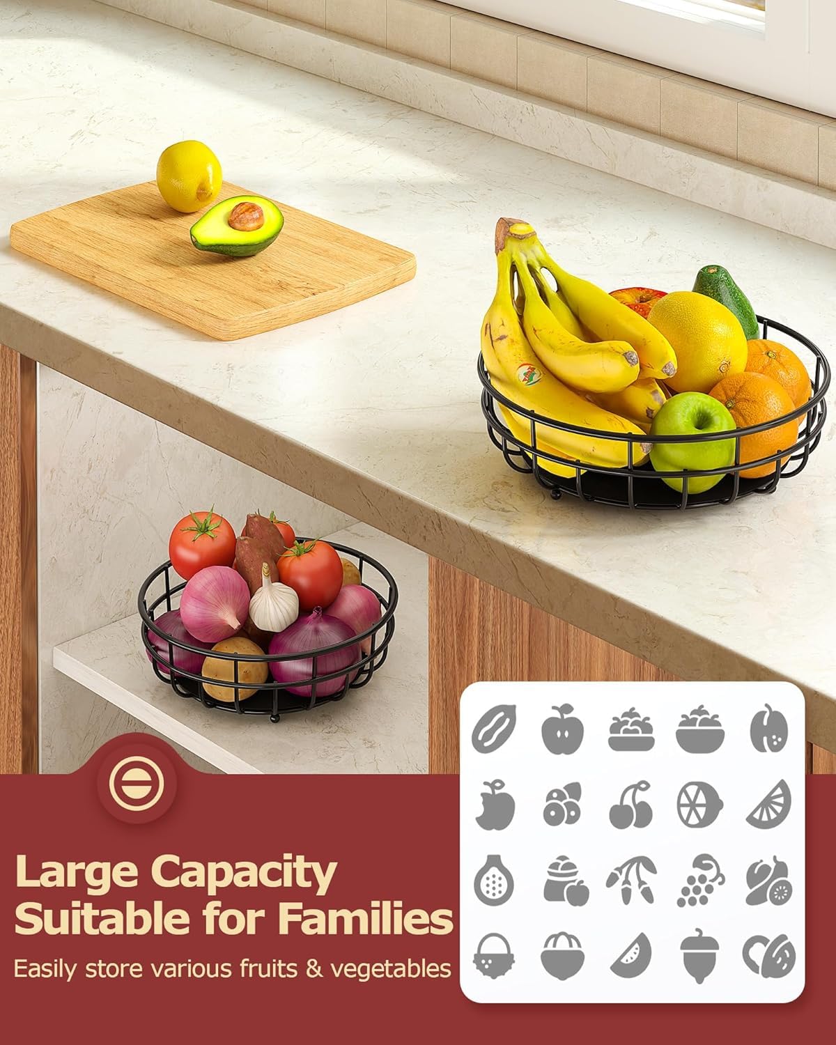 Cestino per frutta a 2 ripiani con porta banana in metallo – cesto frutta moderno da cucina, ciotola per frutta e verdura, cestino decorativo da appoggio, ideale per frutta, snack e pane