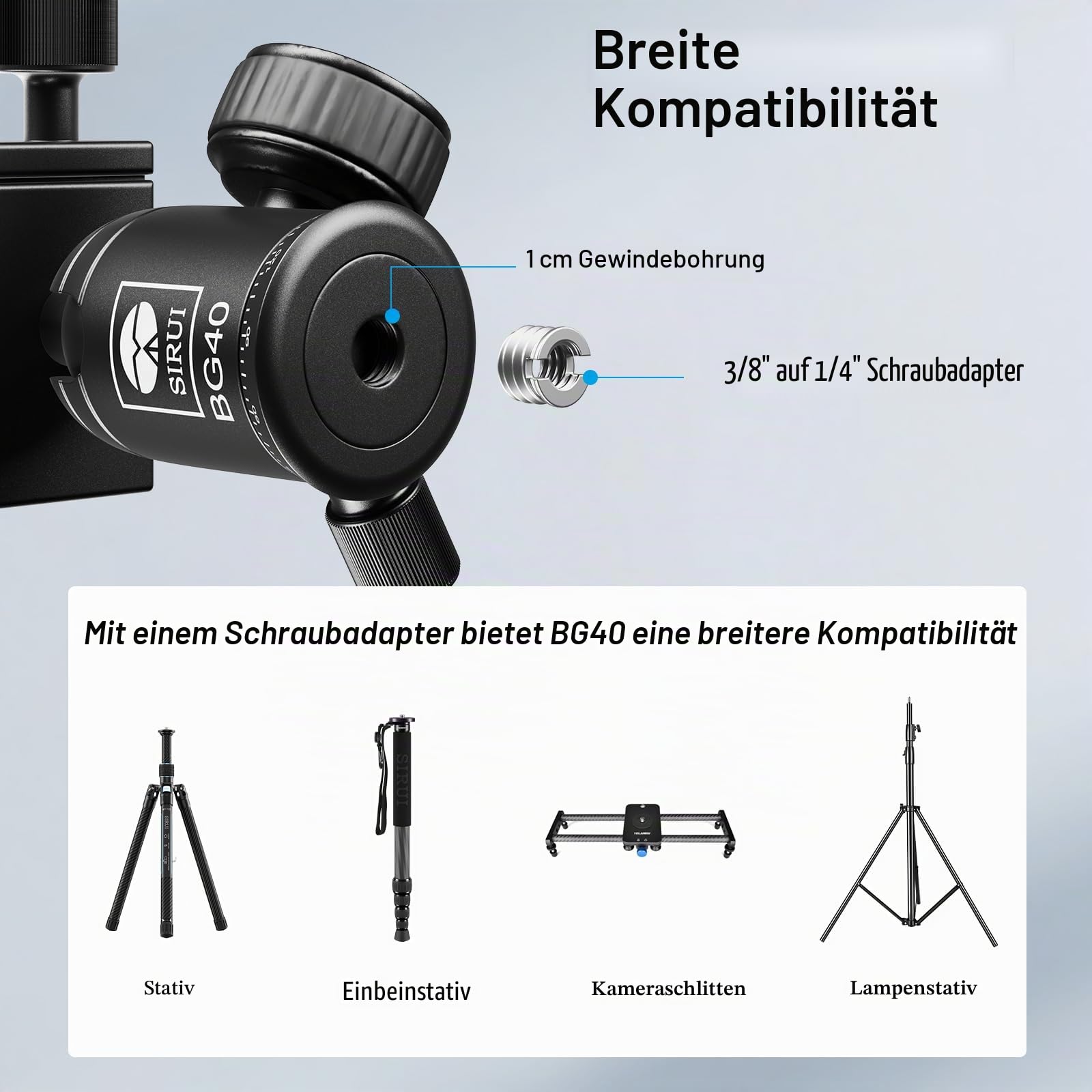 SIRUI BG40 Leichter Aluminium Kugelkopf, 360° Panorama Stativkopf mit Arca Schnellwechselplatte, 10kg Tragkraft für DSLR, Reise, Einbeinstativ, Slider (1/4" & 3/8" inkl.)